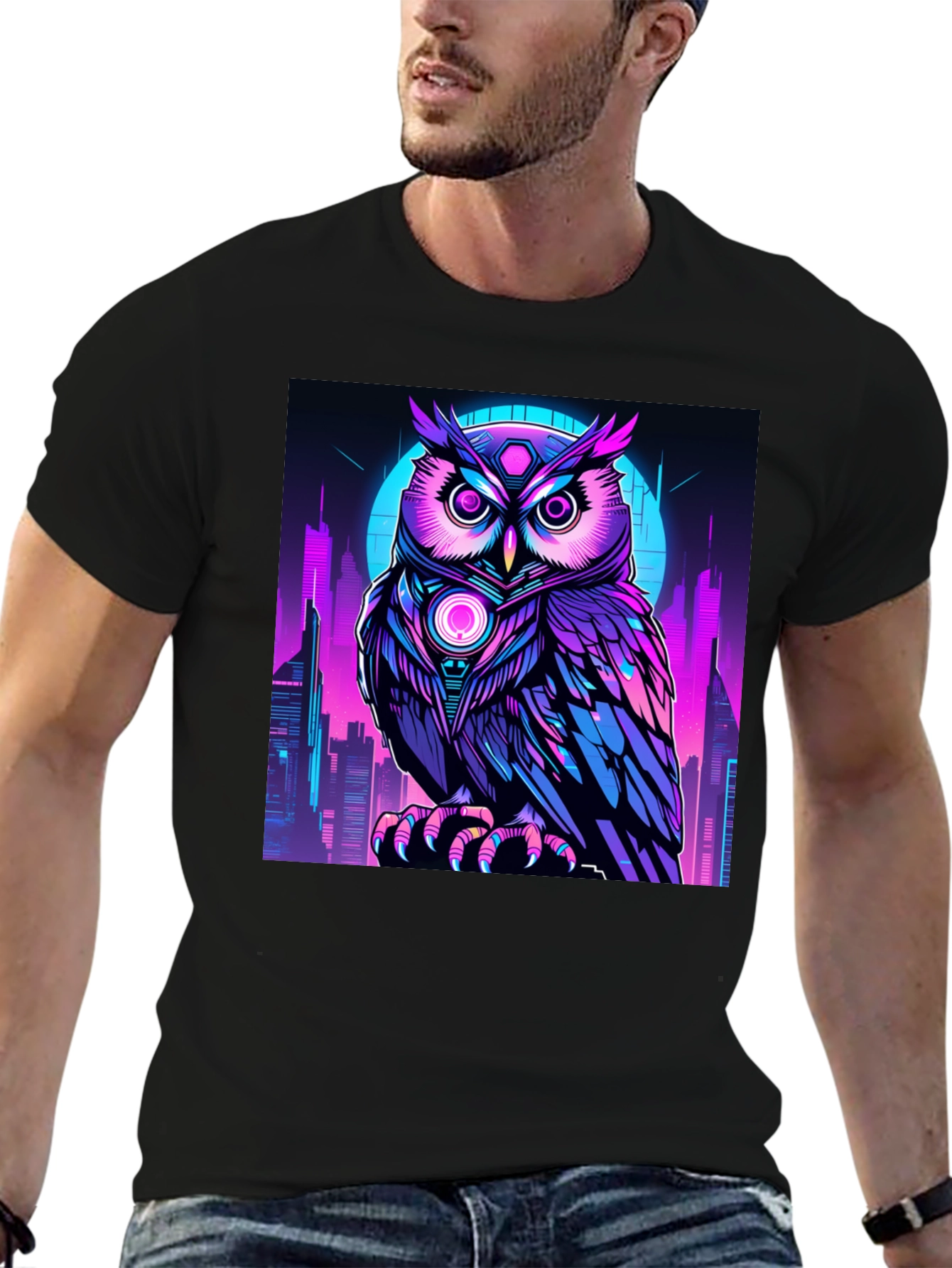 Cyberpunk Owl T-Shirt: Neon City Nocturnal Design