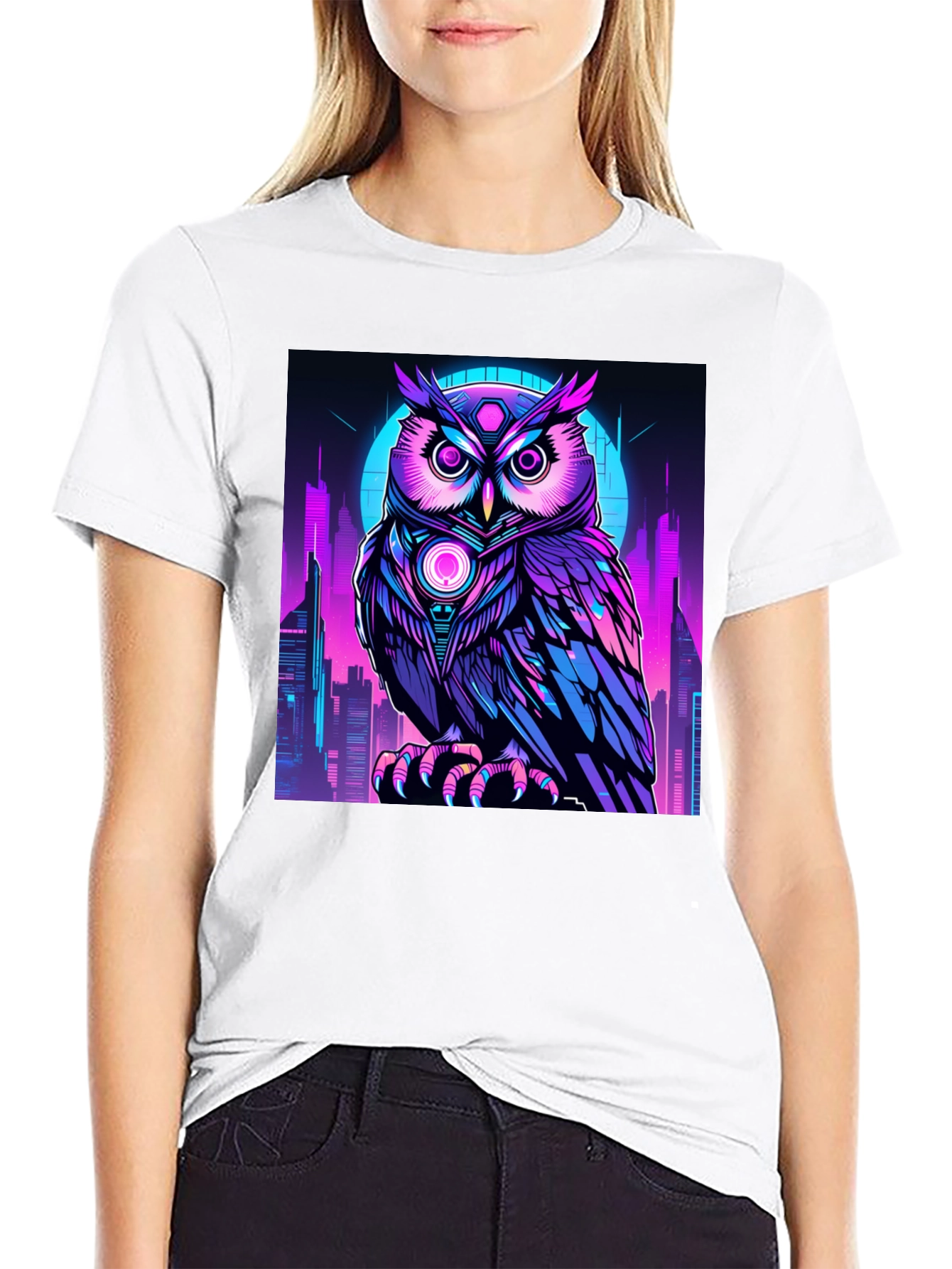 Cyberpunk Owl T-Shirt: Neon City Nocturnal Design