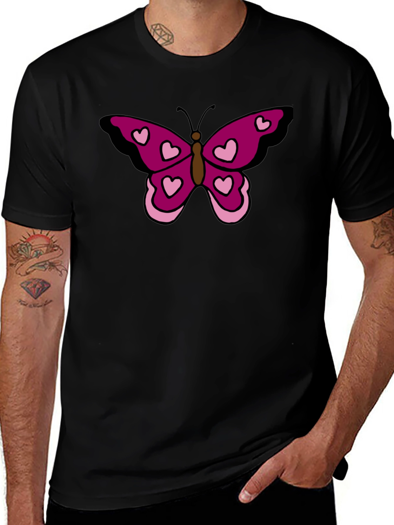Butterfly Heart Graphic Tee - Black Cotton Casual Shirt