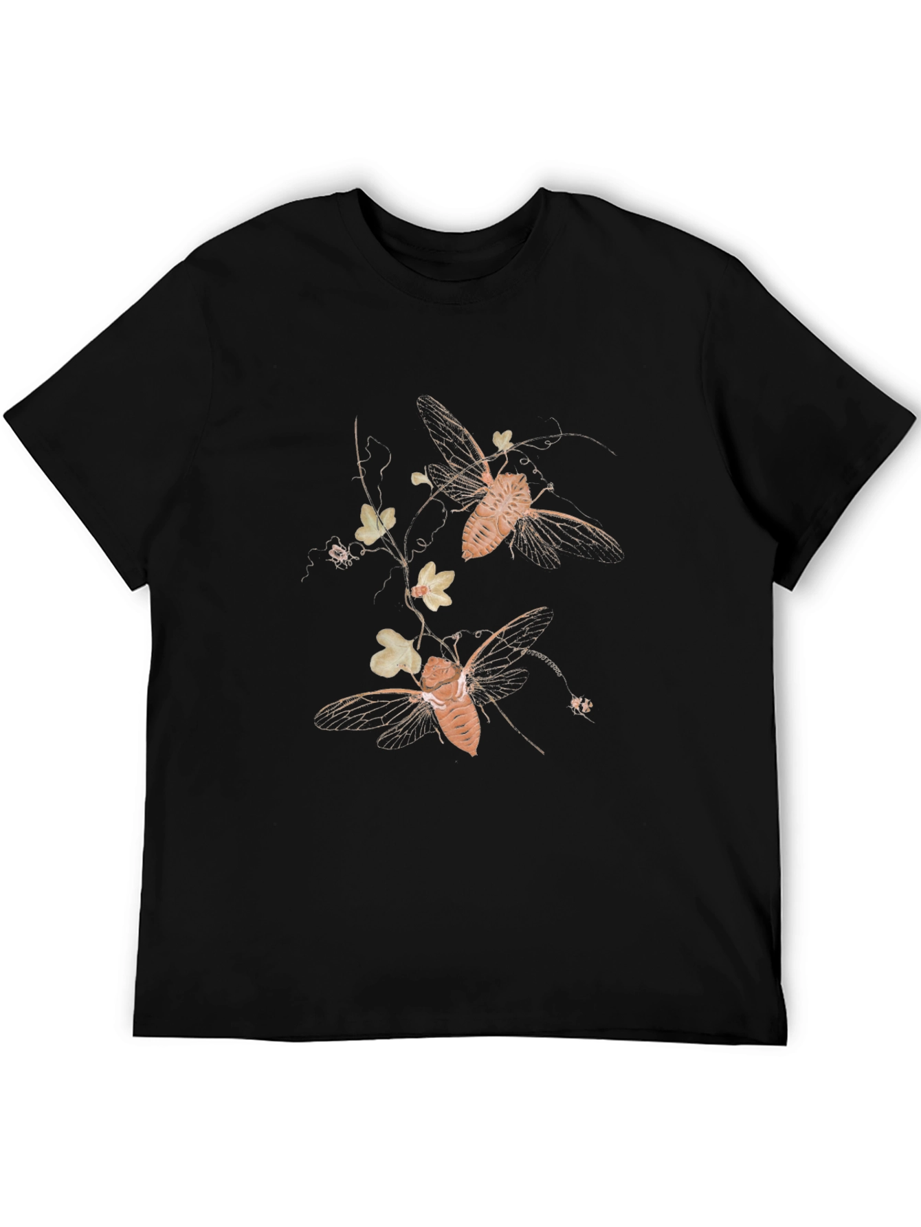 Black Graphic Tee with Insect and Floral Print
