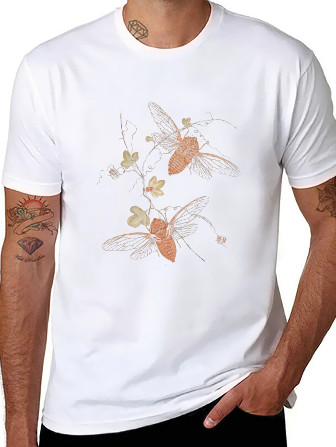 Black Graphic Tee with Insect and Floral Print