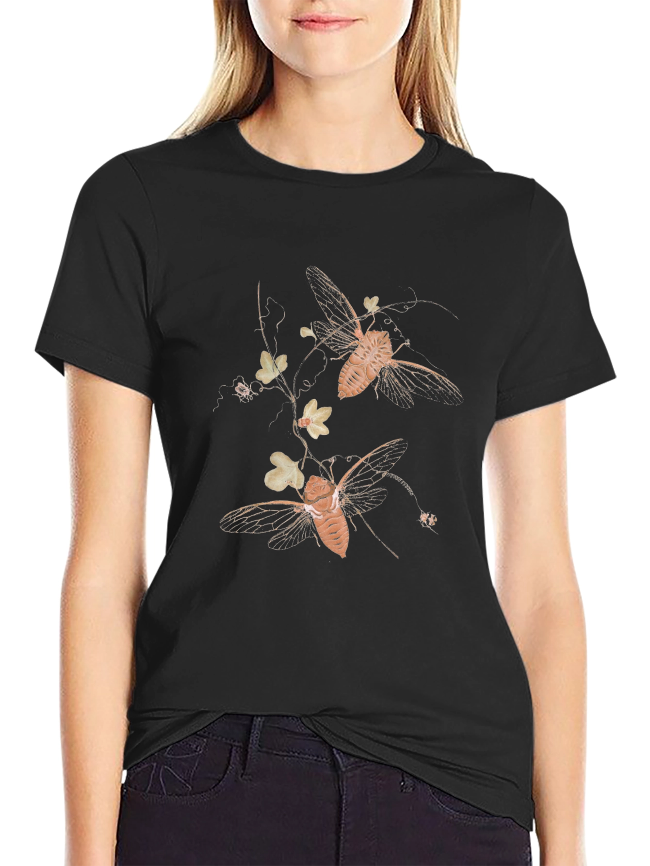 Black Graphic Tee with Insect and Floral Print