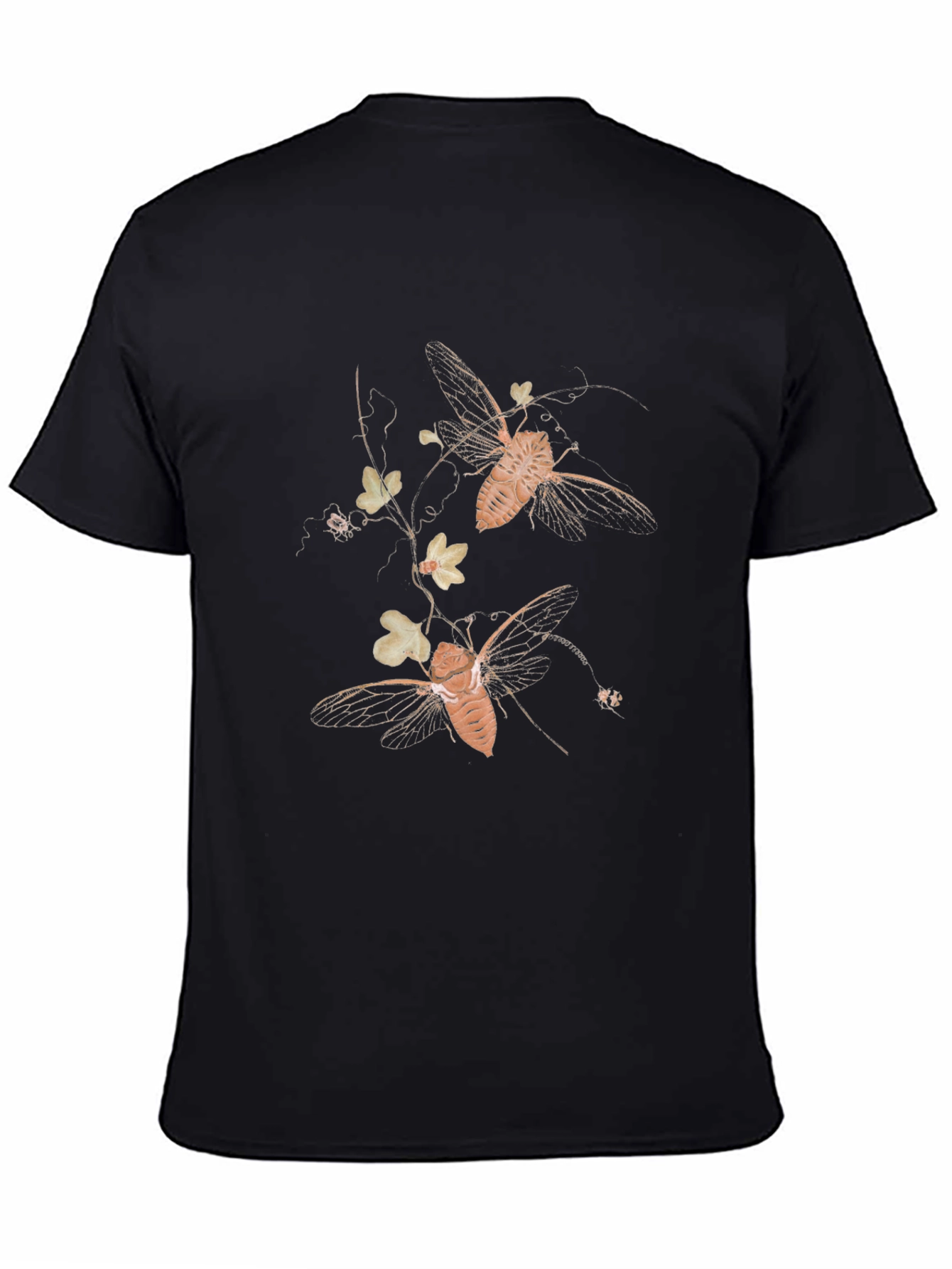 Black Graphic Tee with Insect and Floral Print