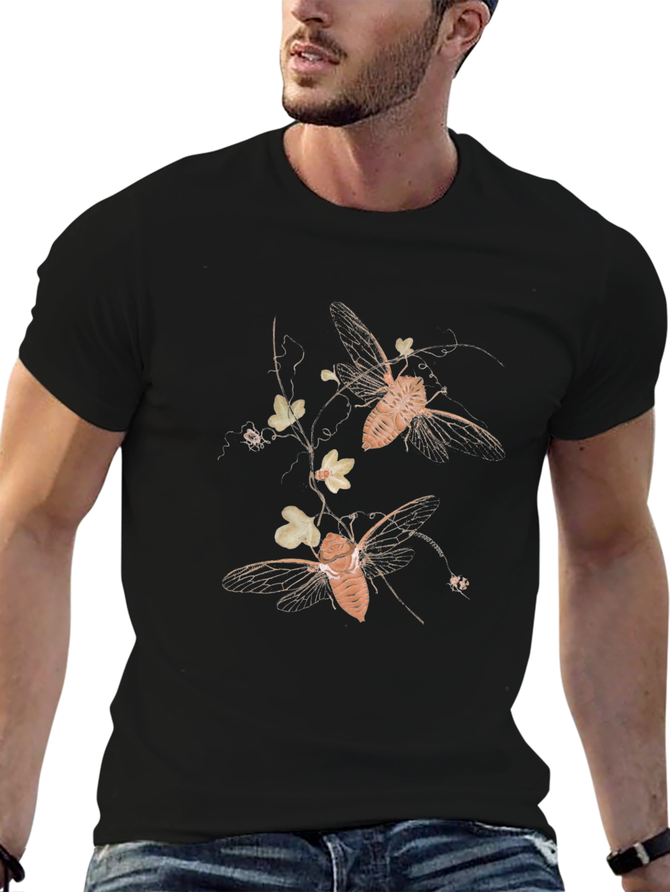 Black Graphic Tee with Insect and Floral Print