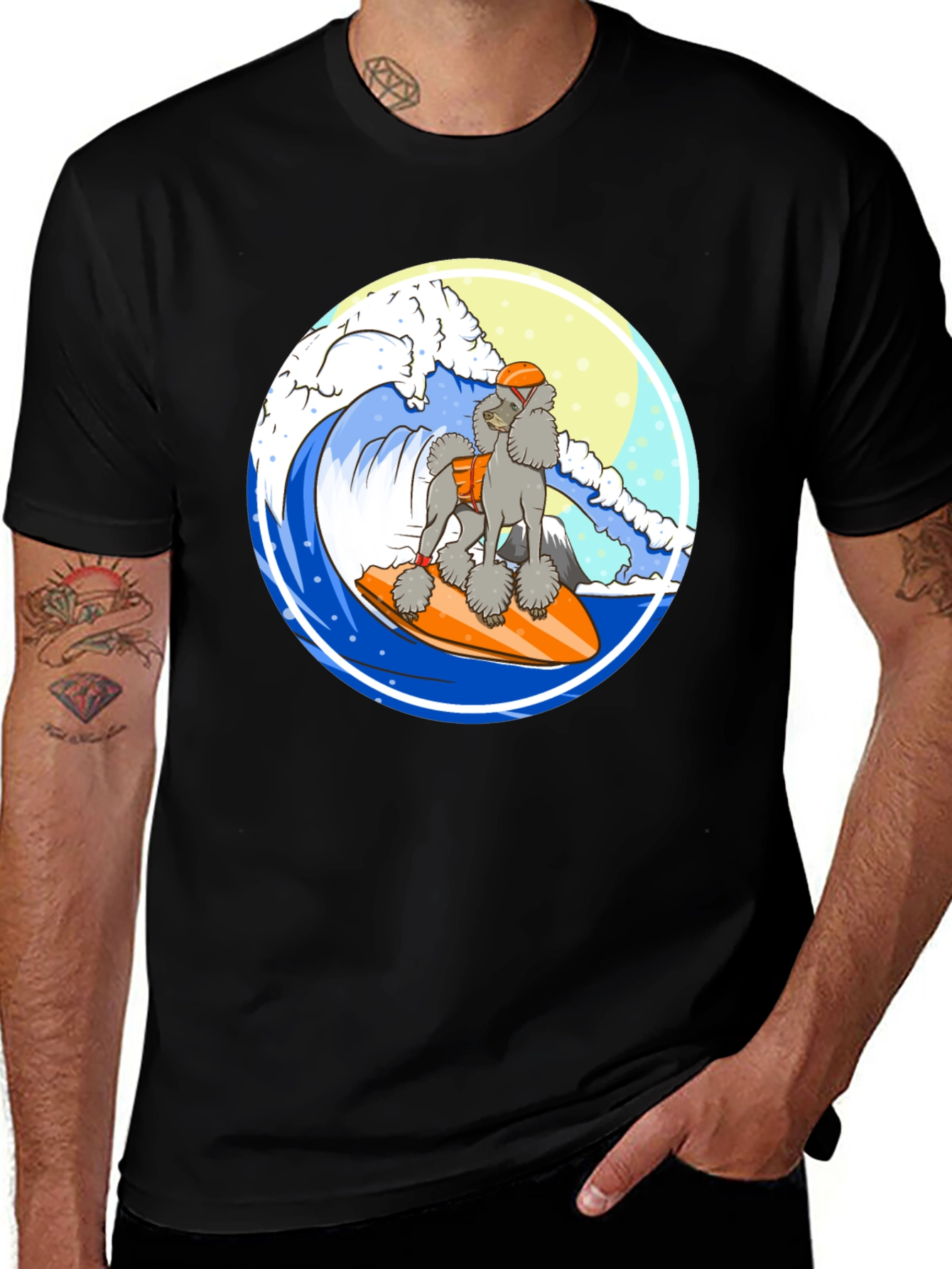 Surfing Poodle Black T-Shirt