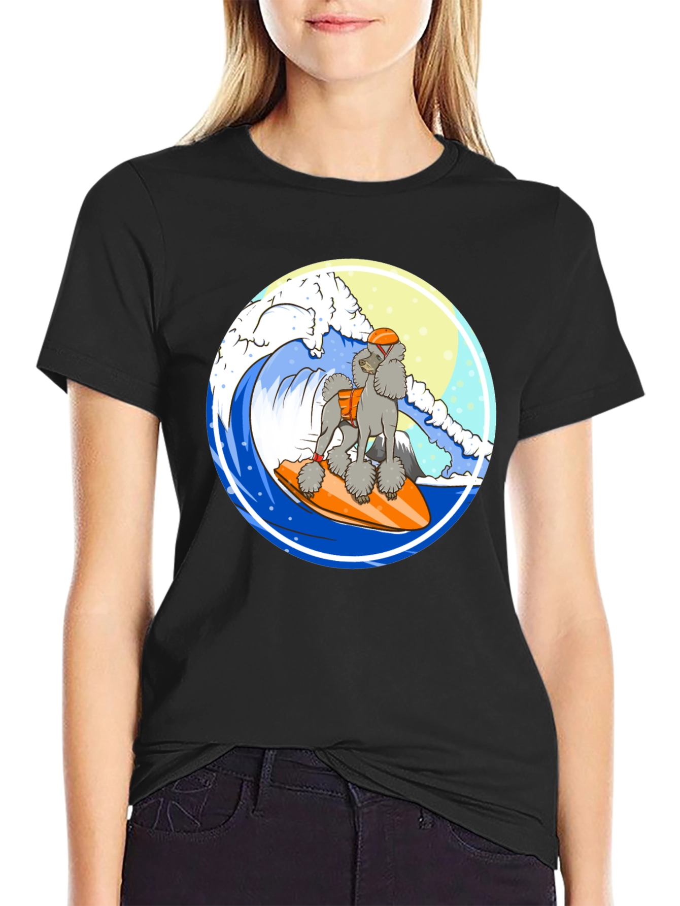 Surfing Poodle Black T-Shirt