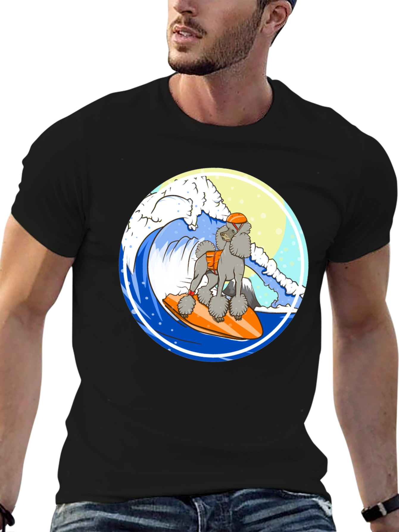Surfing Poodle Black T-Shirt