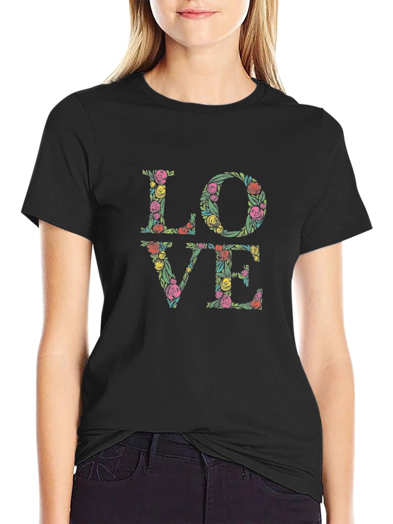 Floral LOVE Graphic T-Shirt - Stylish Black Tee
