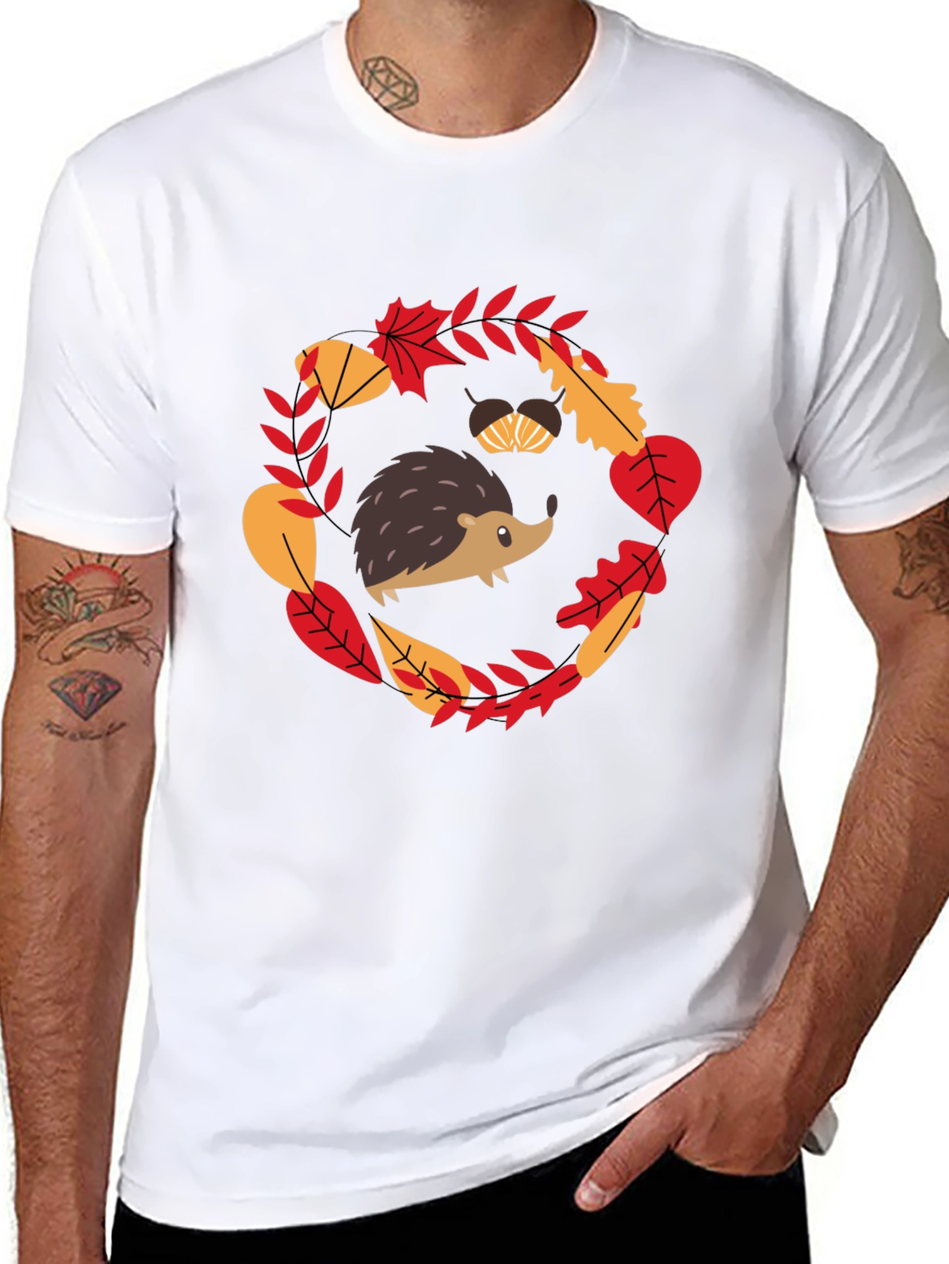 Fall Hedgehog Black T-Shirt Autumn Leaves Design