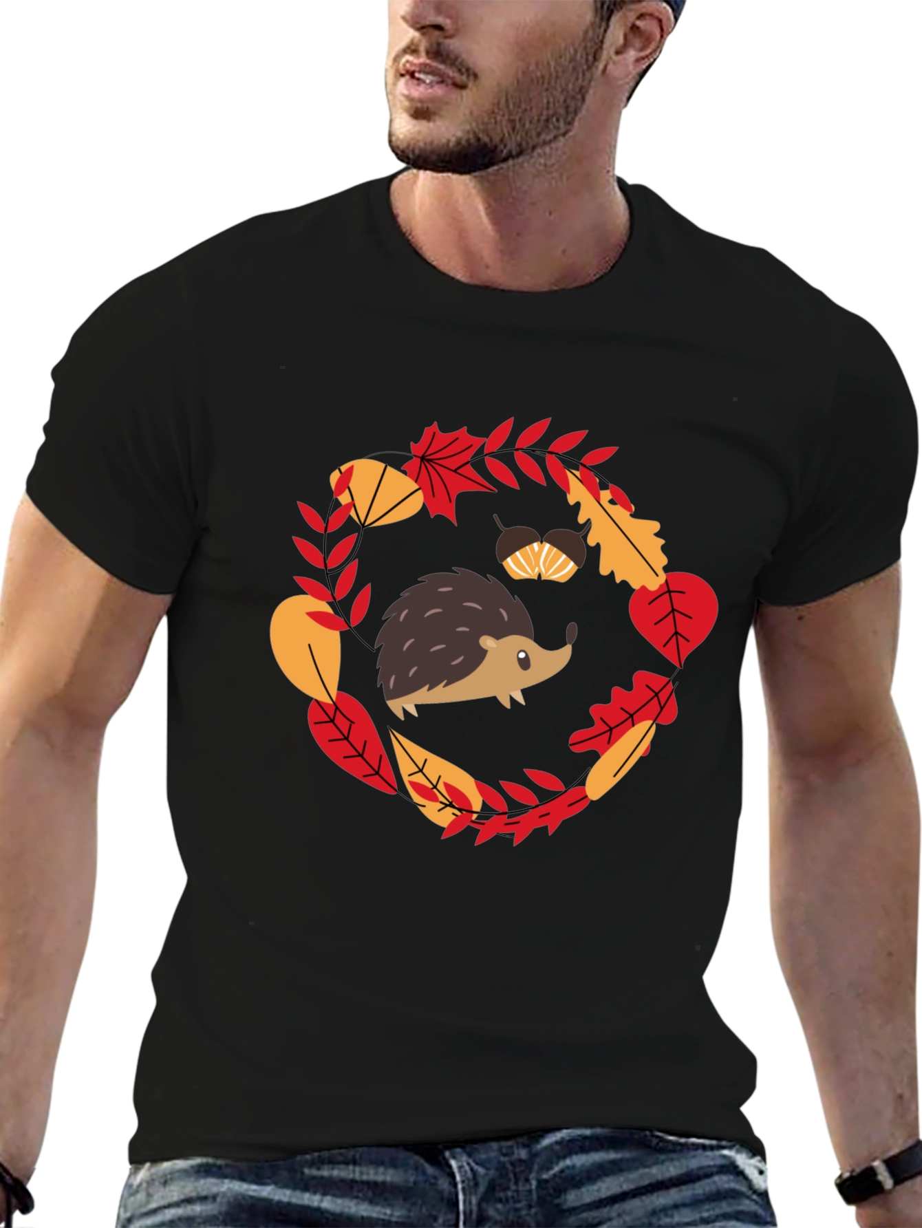 Fall Hedgehog Black T-Shirt Autumn Leaves Design