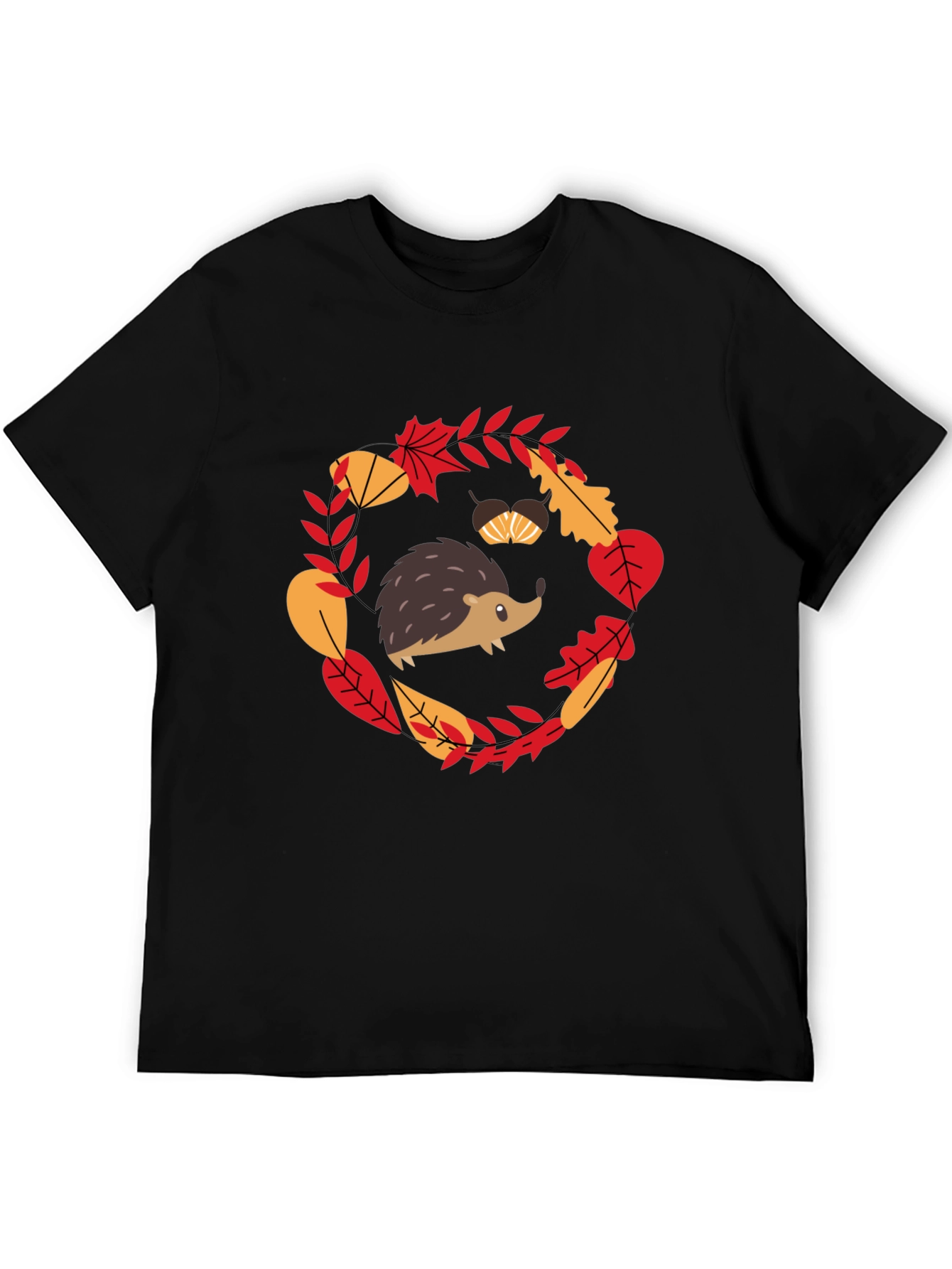 Fall Hedgehog Black T-Shirt Autumn Leaves Design