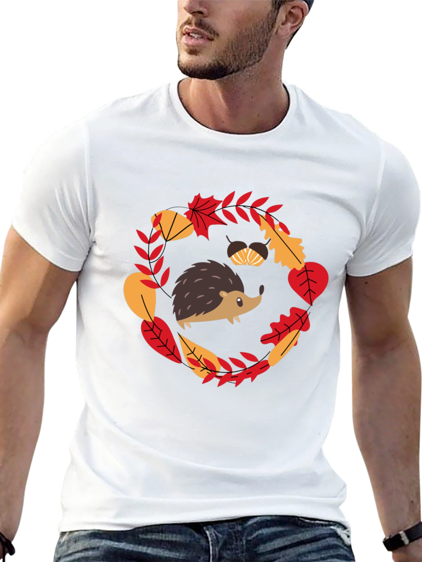 Fall Hedgehog Black T-Shirt Autumn Leaves Design