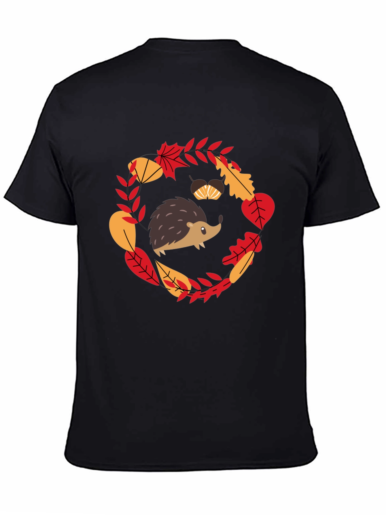 Fall Hedgehog Black T-Shirt Autumn Leaves Design