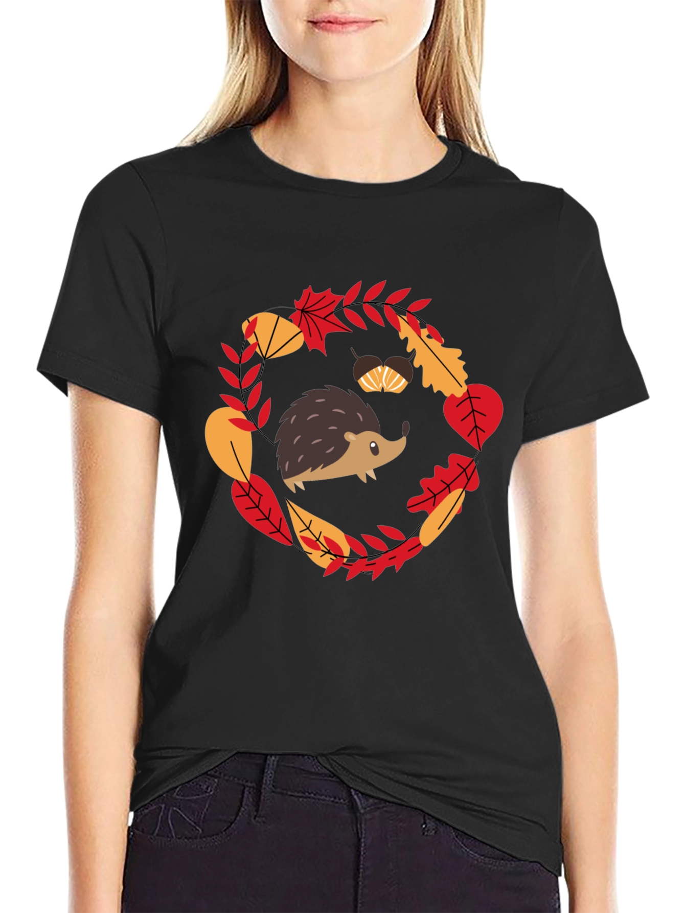 Fall Hedgehog Black T-Shirt Autumn Leaves Design