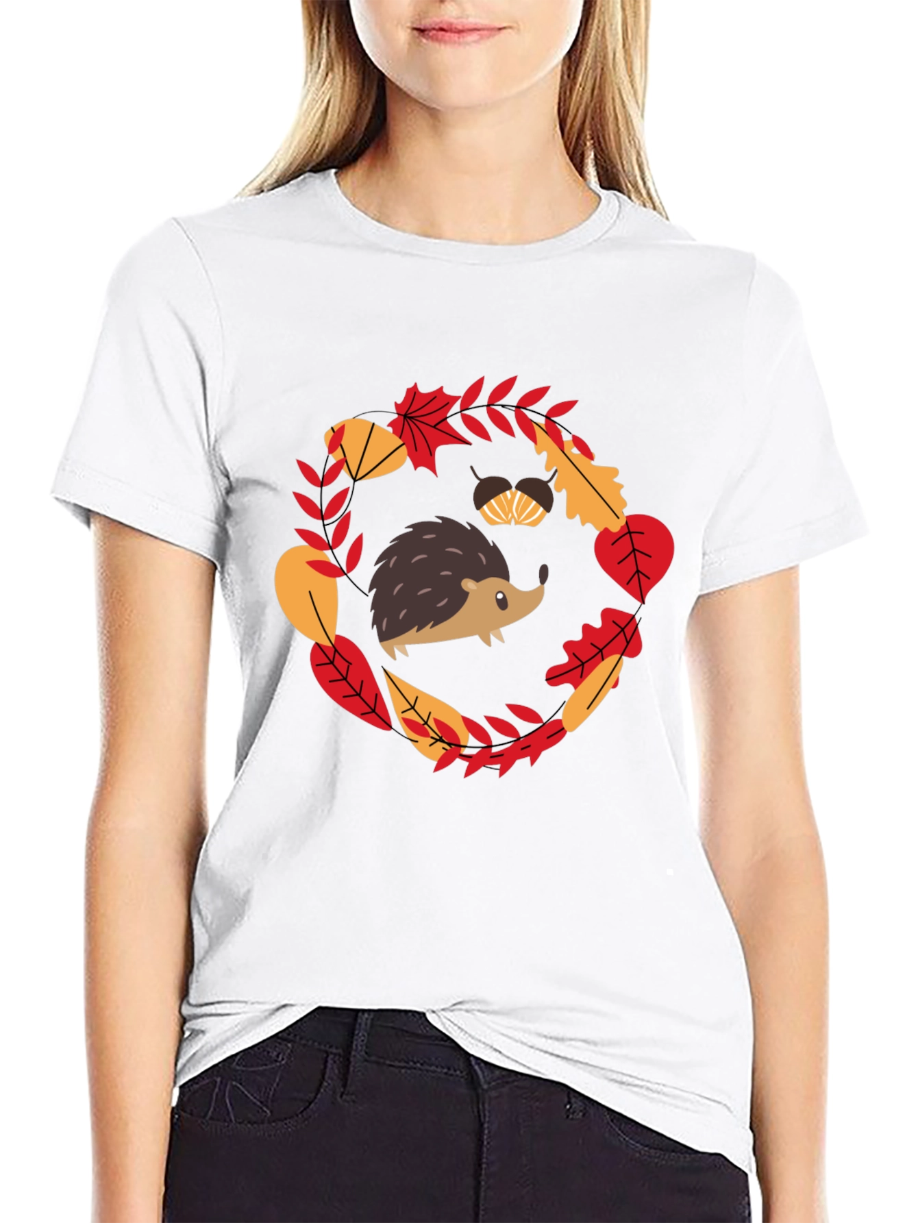 Fall Hedgehog Black T-Shirt Autumn Leaves Design