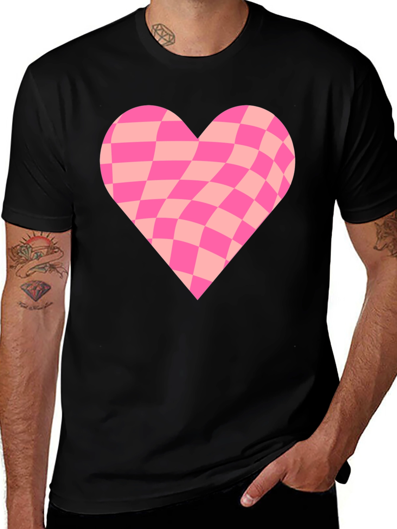 Warped Checkered Heart Graphic Tee - Black