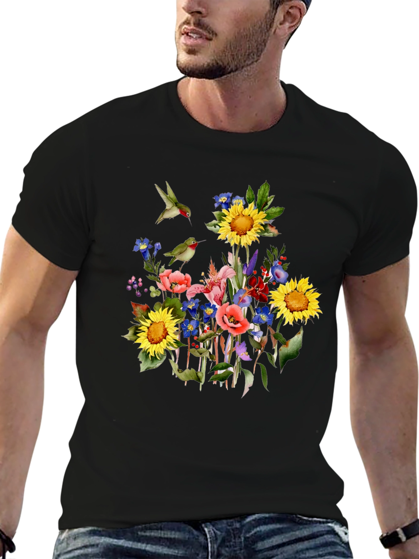 Floral Hummingbird Black T-Shirt