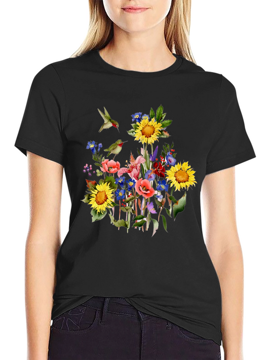 Floral Hummingbird Black T-Shirt