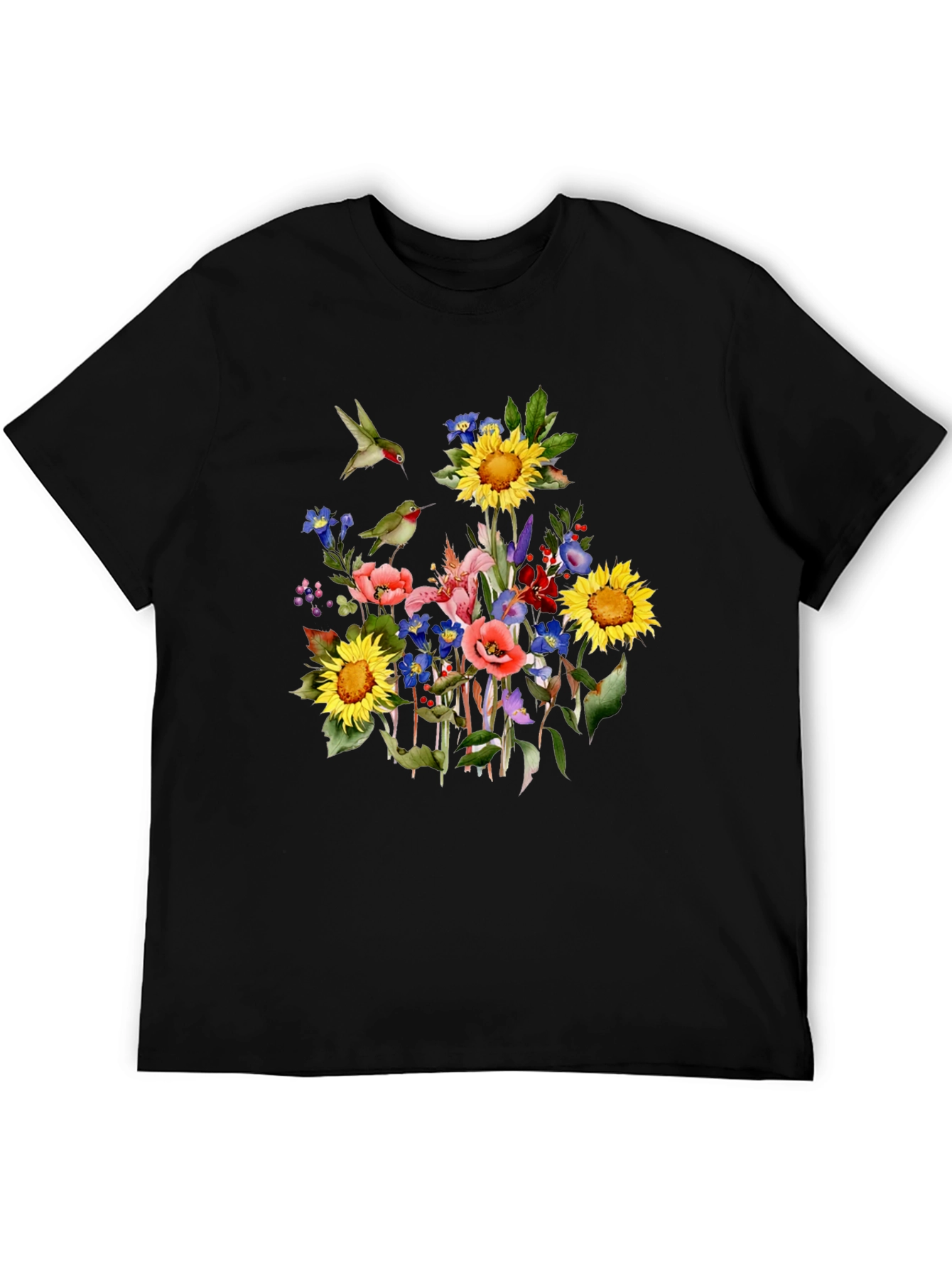 Floral Hummingbird Black T-Shirt