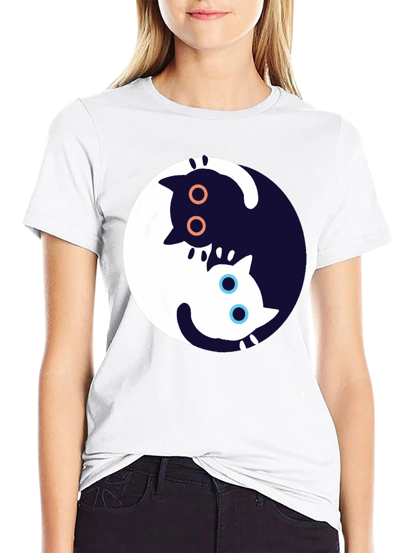 Yin Yang Cat Graphic T-Shirt - Black
