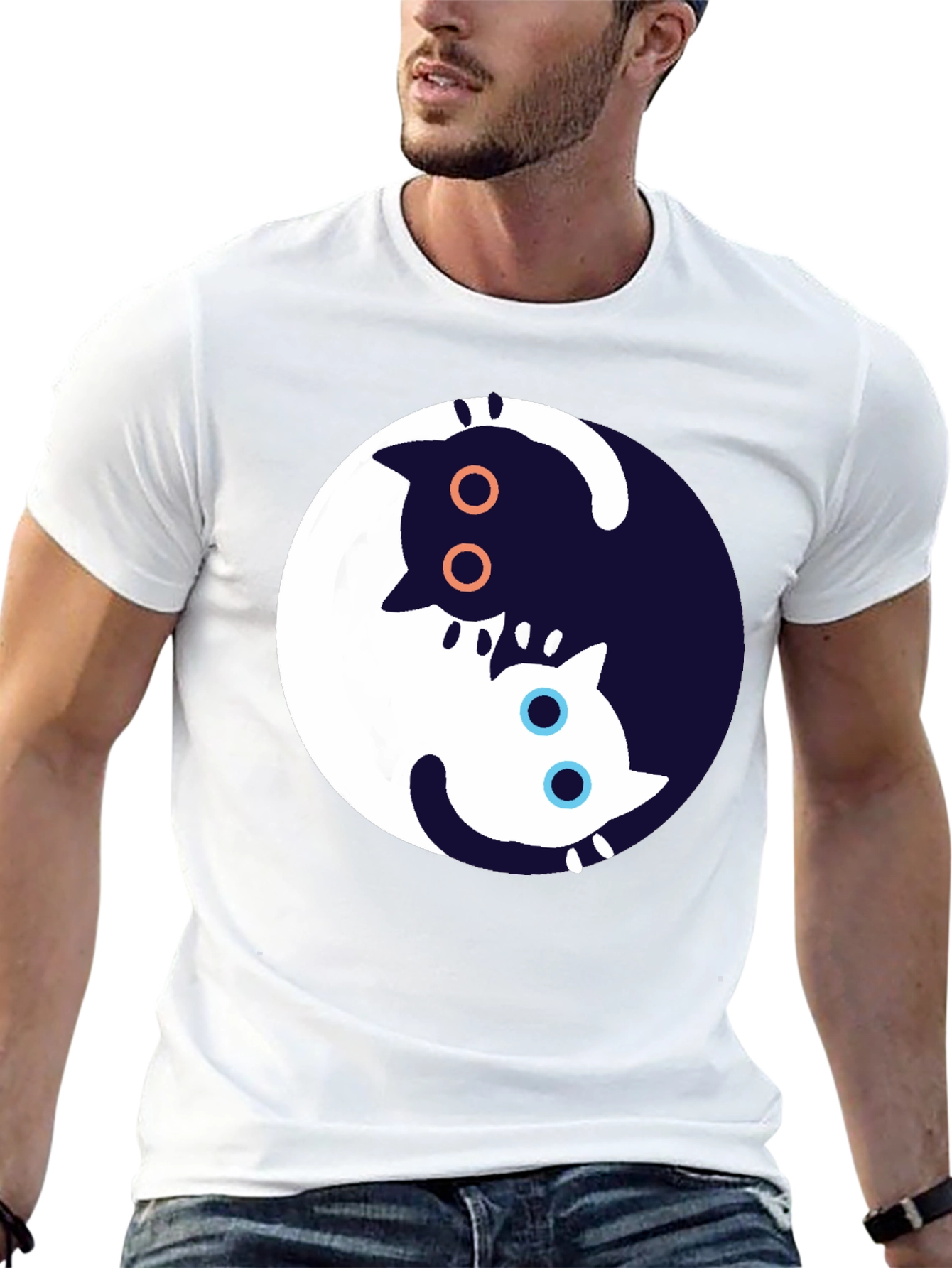 Yin Yang Cat Graphic T-Shirt - Black