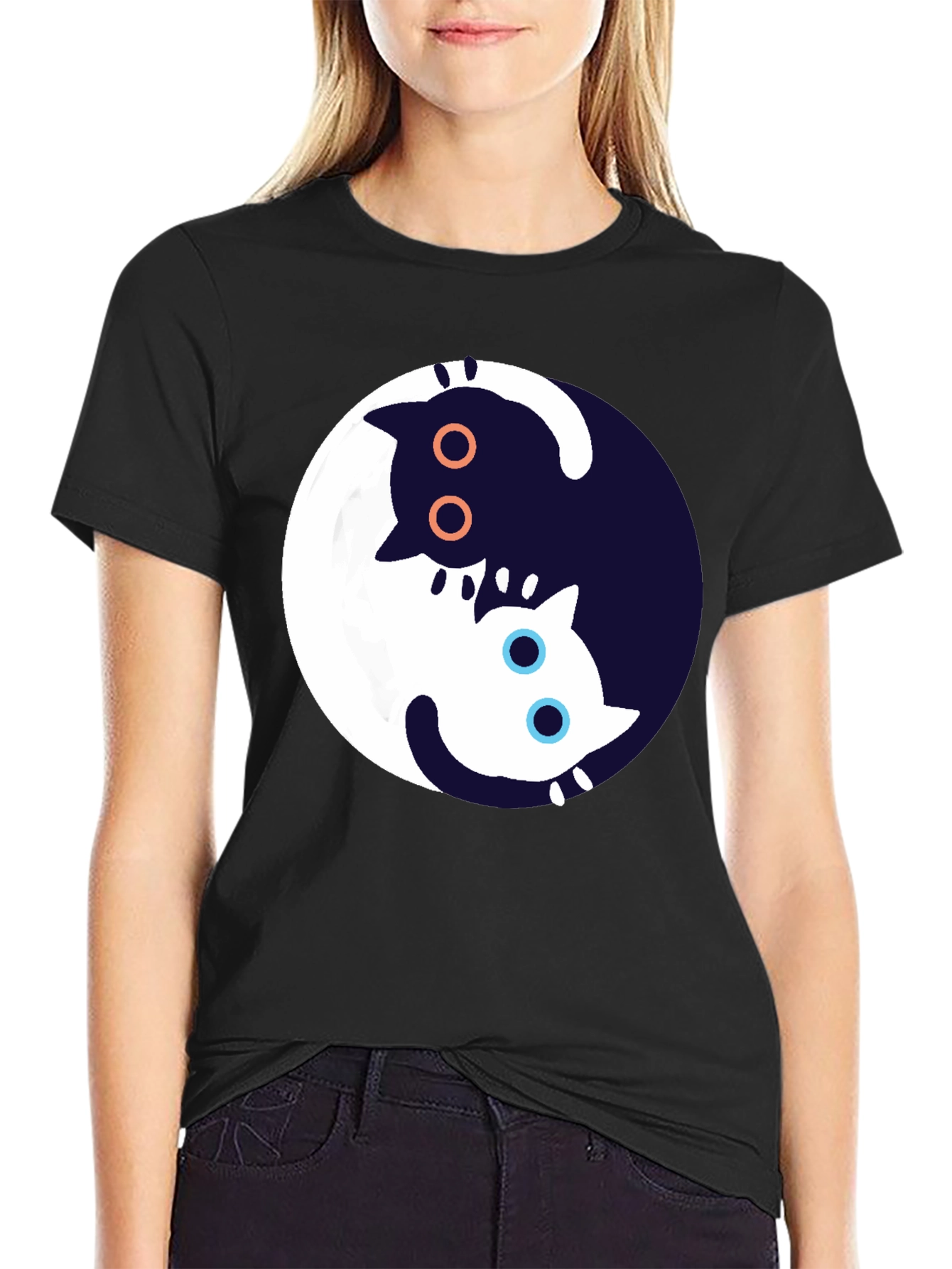 Yin Yang Cat Graphic T-Shirt - Black