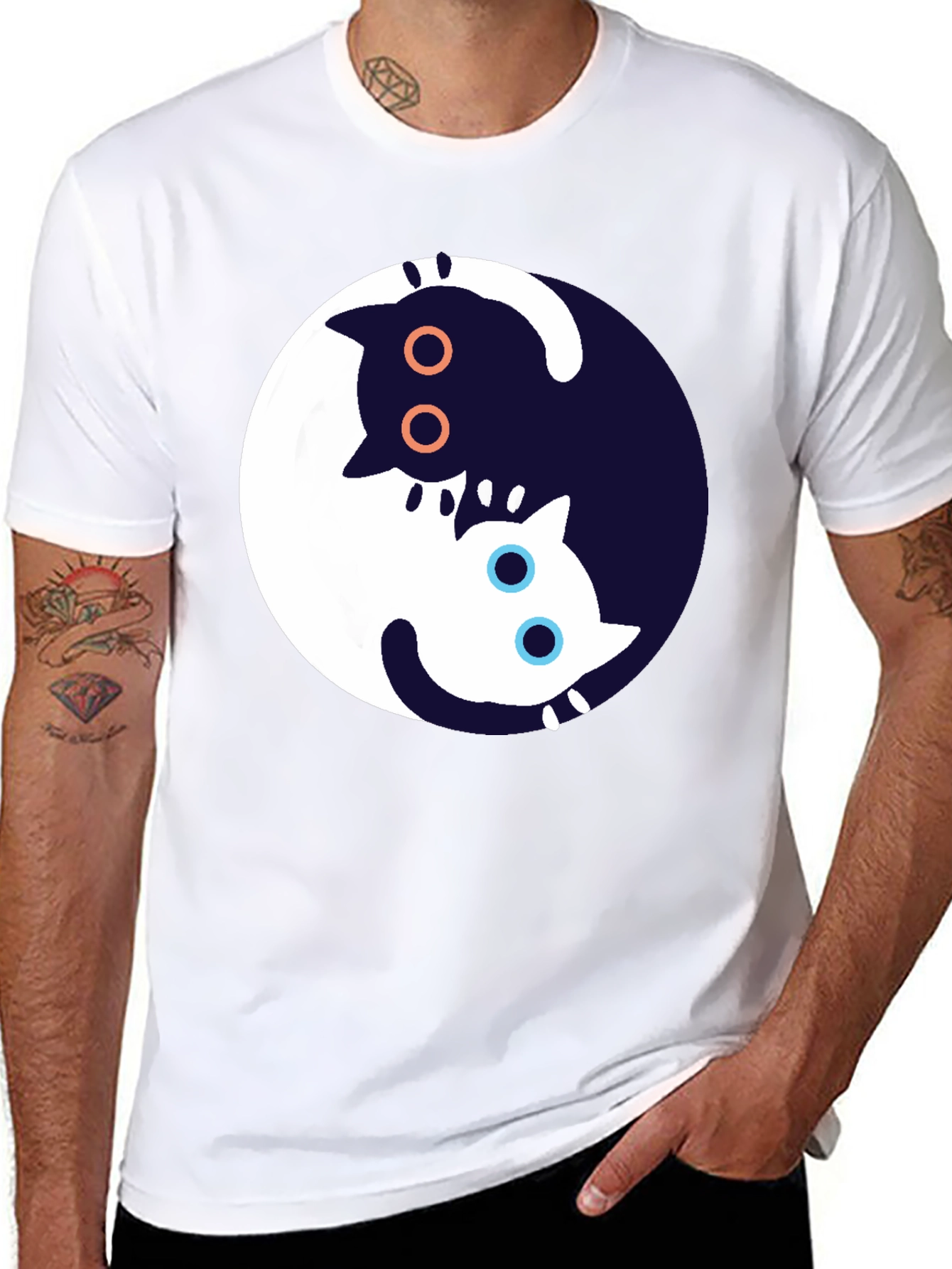 Yin Yang Cat Graphic T-Shirt - Black