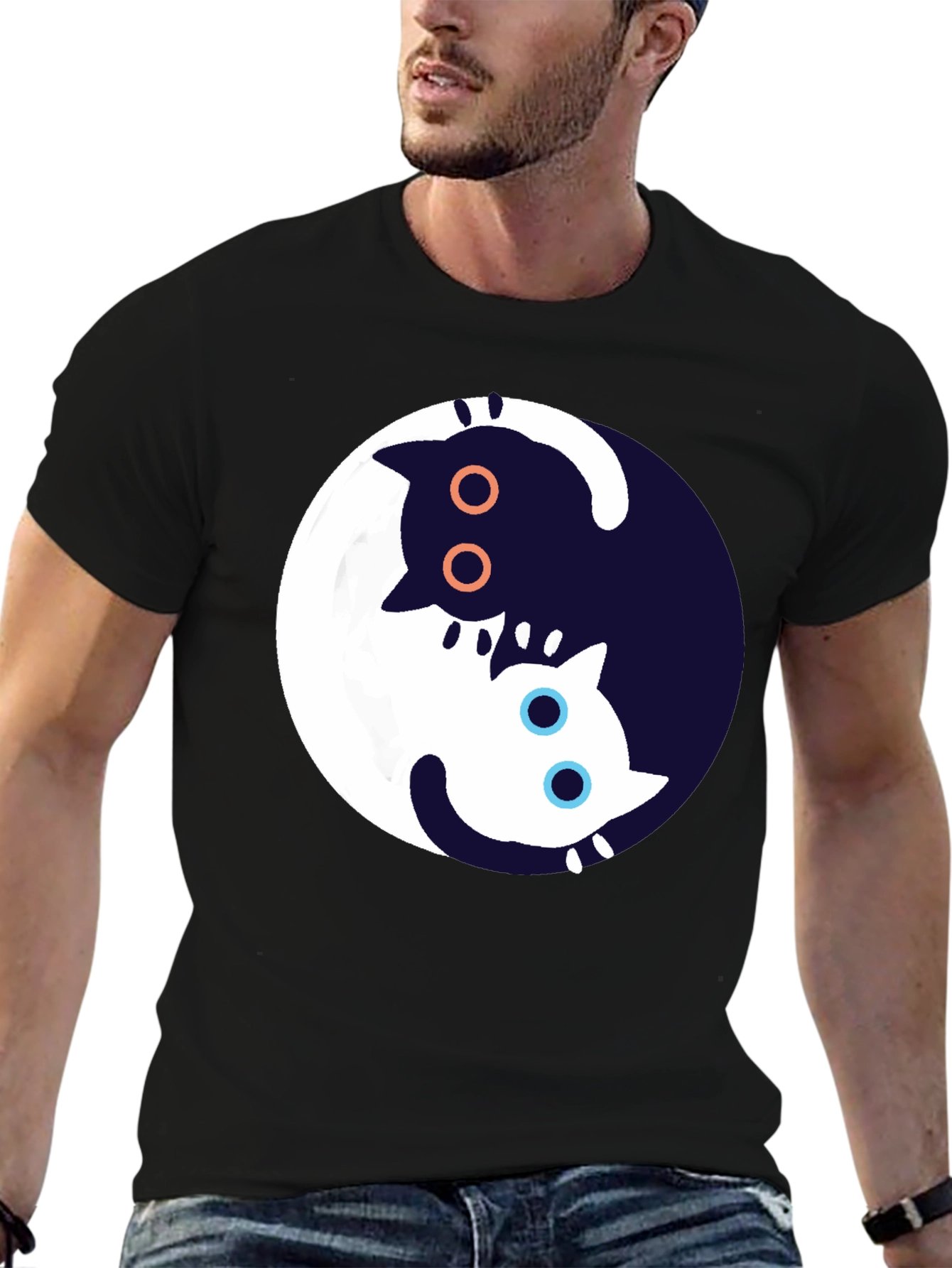 Yin Yang Cat Graphic T-Shirt - Black