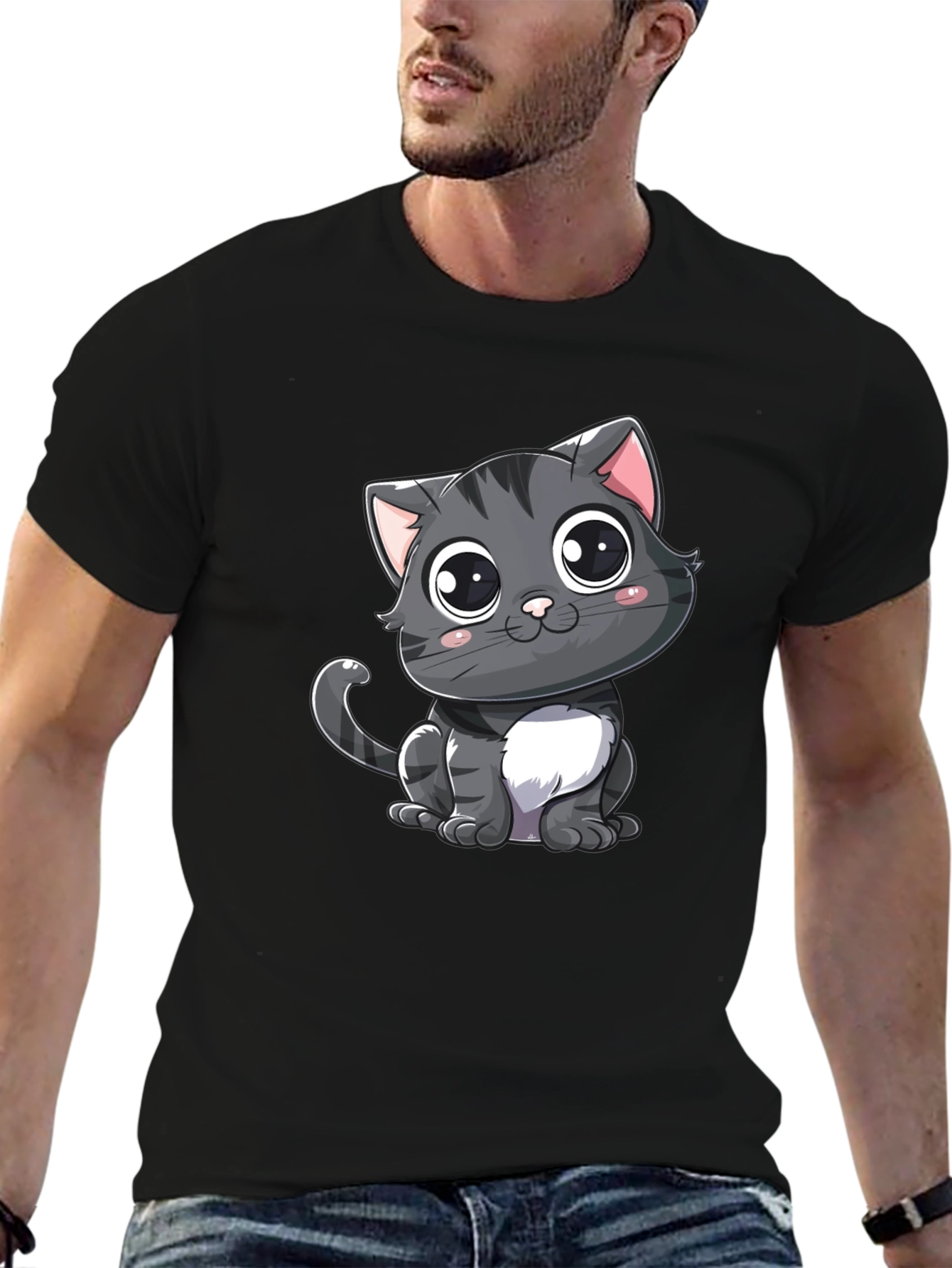 Cute Cartoon Cat Black T-Shirt