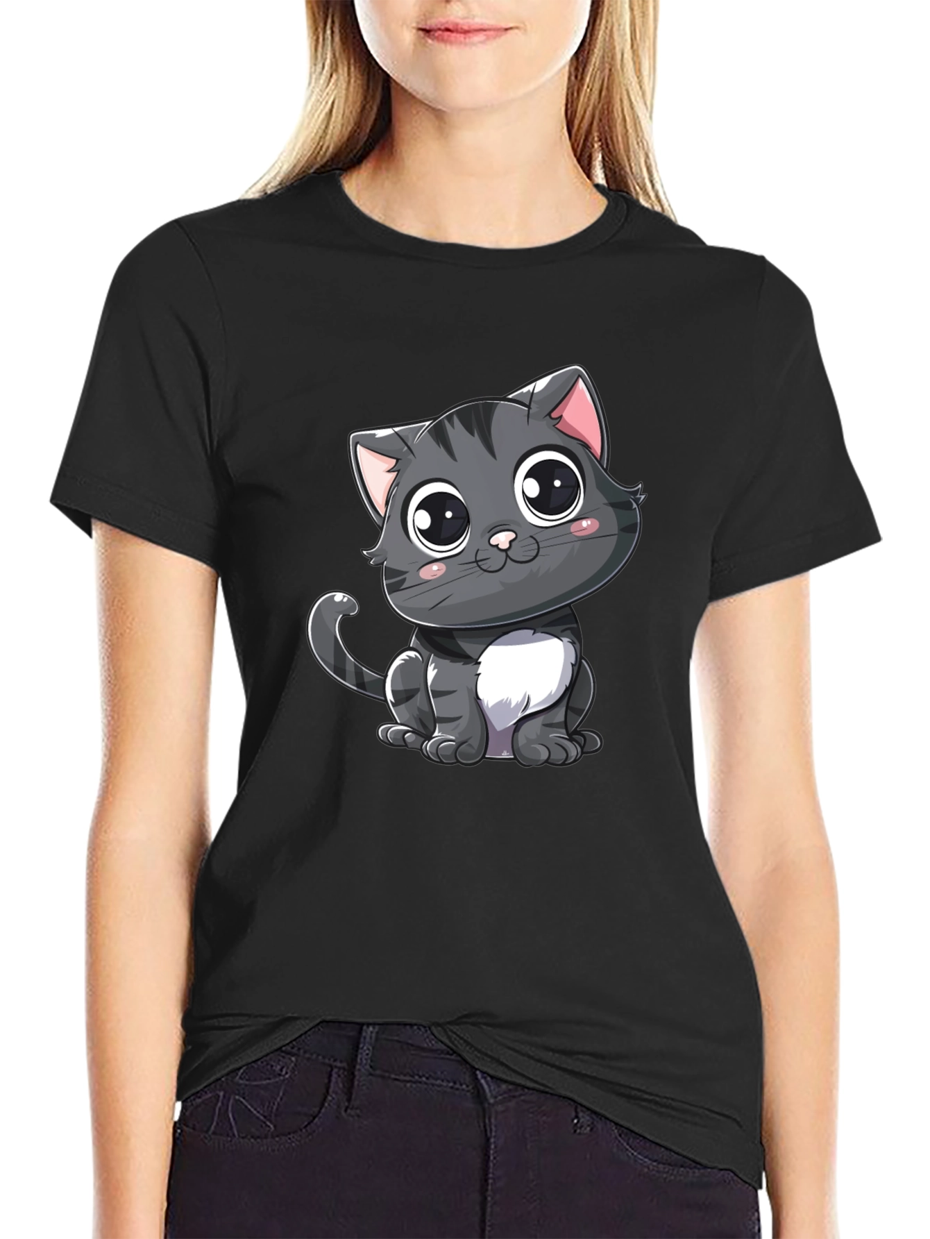 Cute Cartoon Cat Black T-Shirt