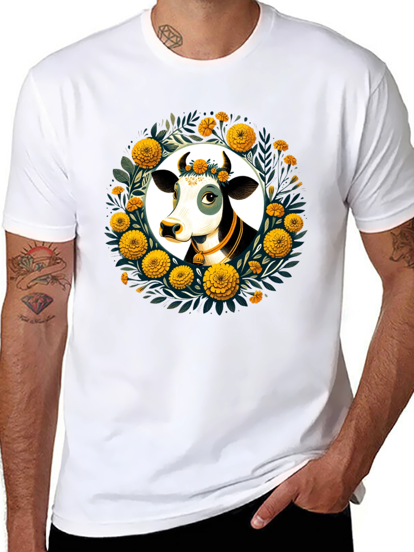 Floral Cow Graphic Tee - Black Unisex T-Shirt