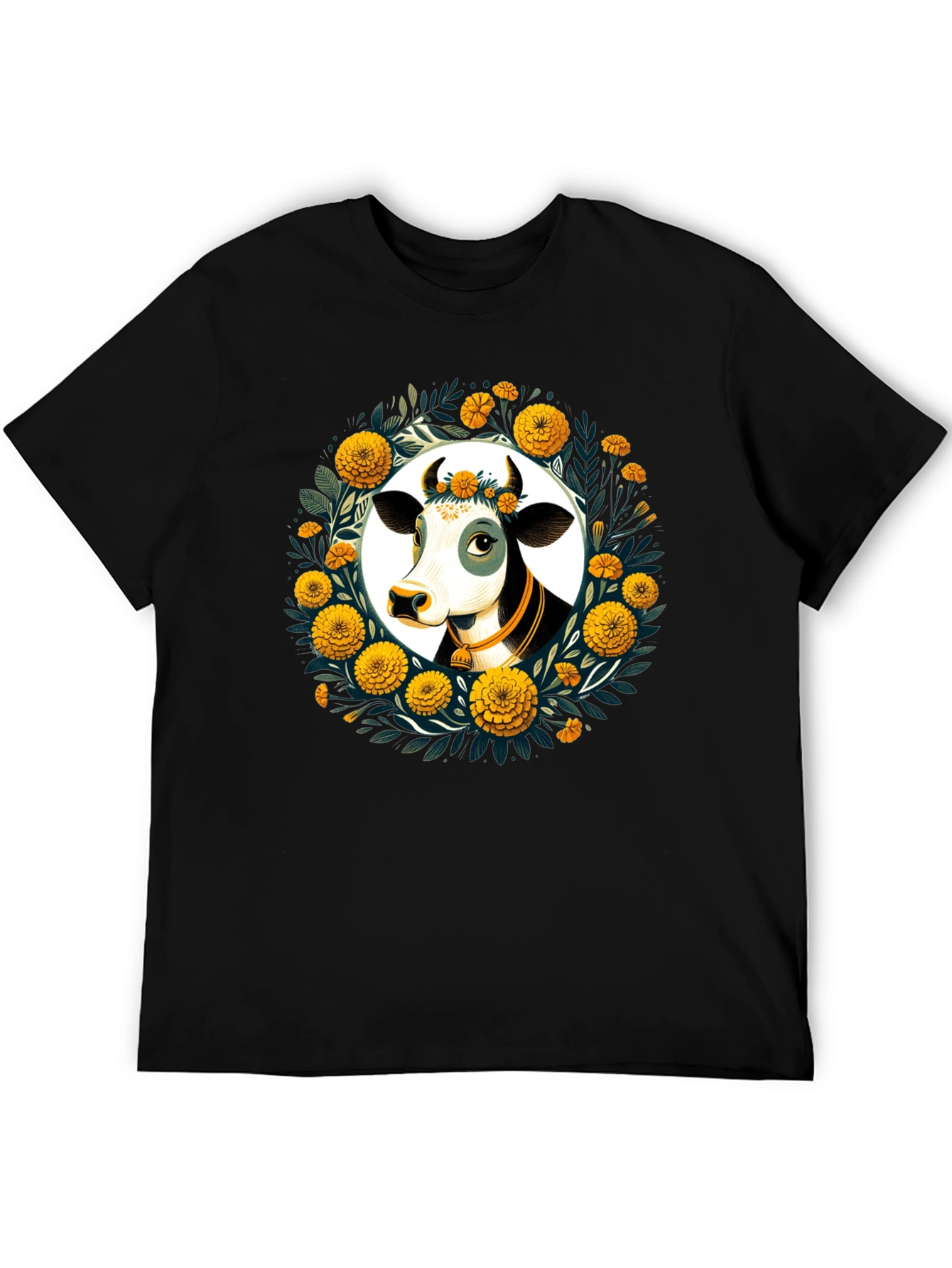 Floral Cow Graphic Tee - Black Unisex T-Shirt