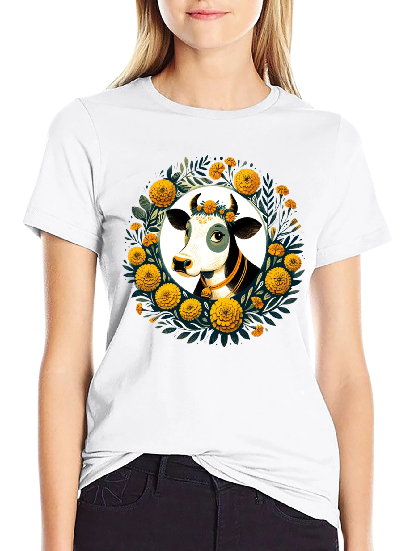 Floral Cow Graphic Tee - Black Unisex T-Shirt