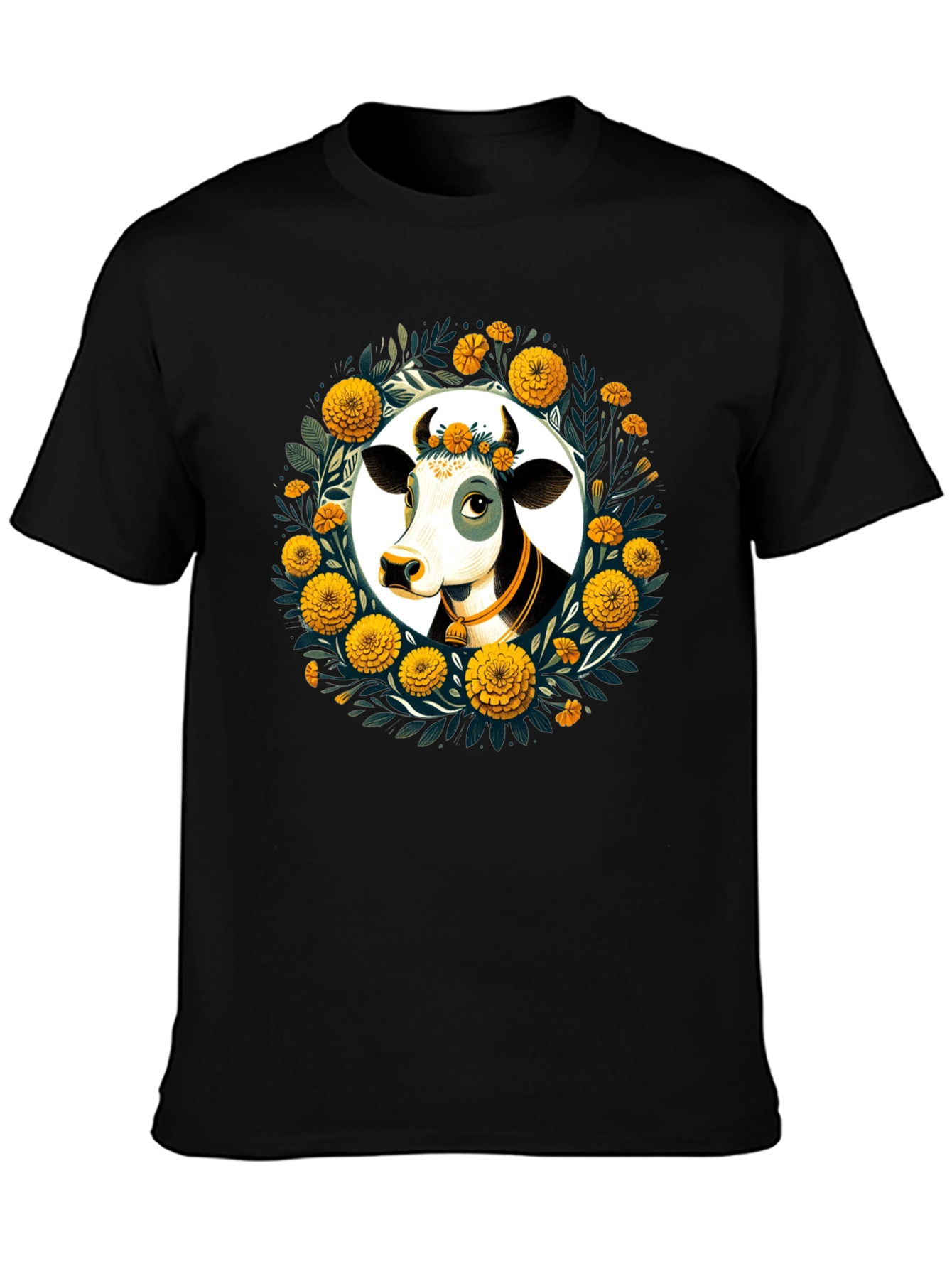 Floral Cow Graphic Tee - Black Unisex T-Shirt