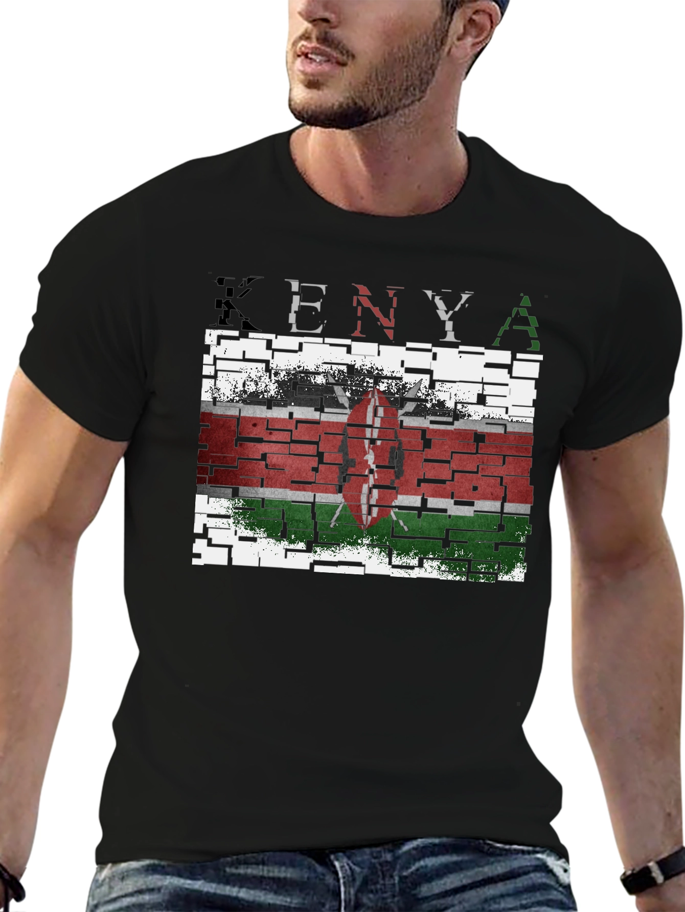 Kenya Flag T-Shirt - Distressed Brick Design