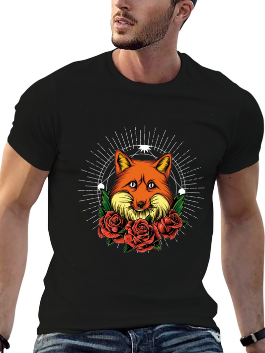Fox & Roses Graphic Print Tee - Stylish Mens Black T-Shirt