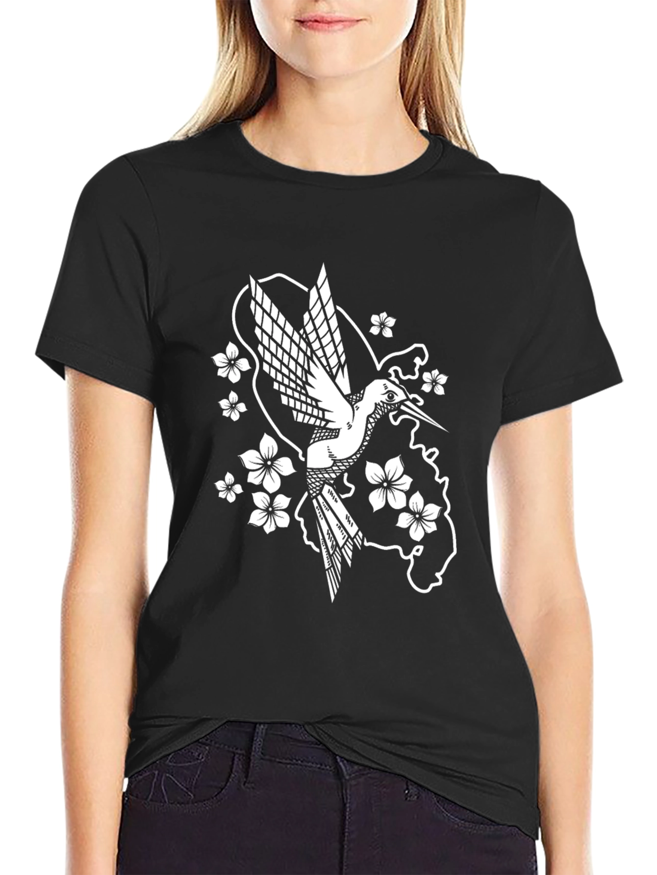 Hummingbird Floral Graphic Tee - Black