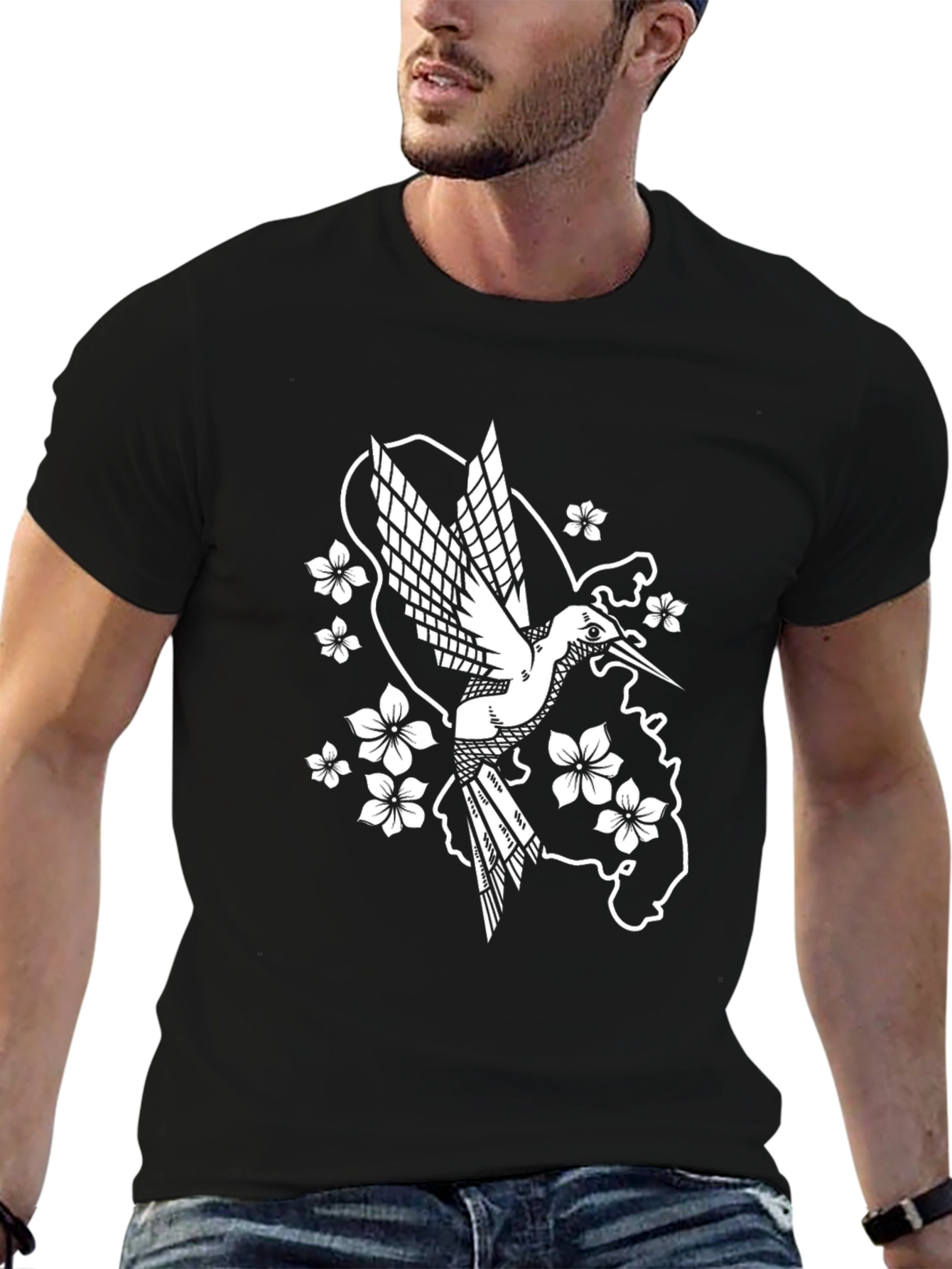 Hummingbird Floral Graphic Tee - Black