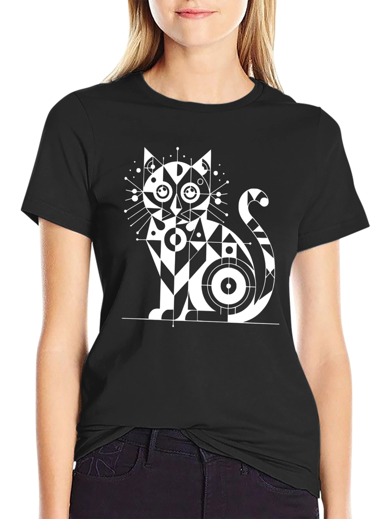 Geometric Cat Graphic Tee - Unique Art Shirt