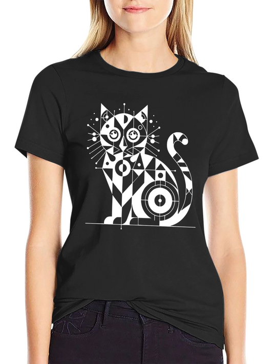 Geometric Cat Graphic Tee - Unique Art Shirt