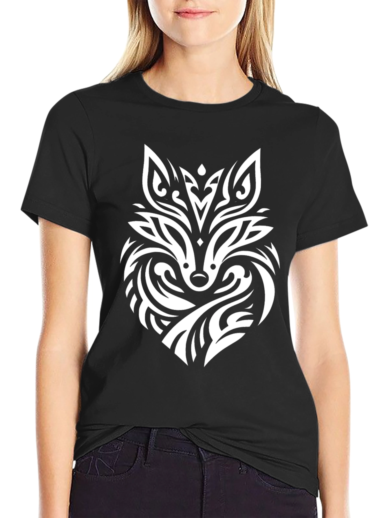 Tribal Fox Graphic Print T-Shirt - Black