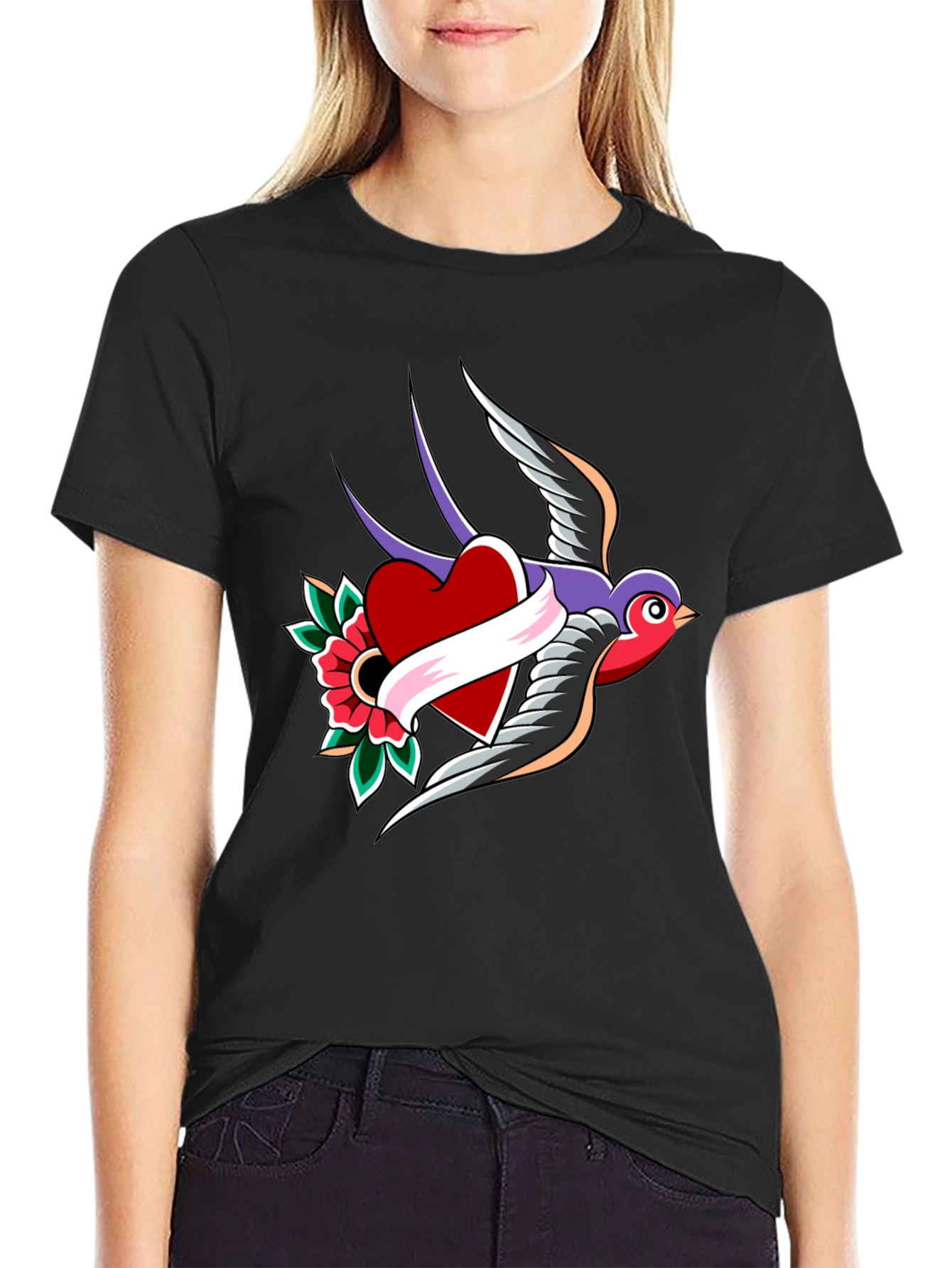 Swallow Heart Tattoo Style Mens Black T-Shirt