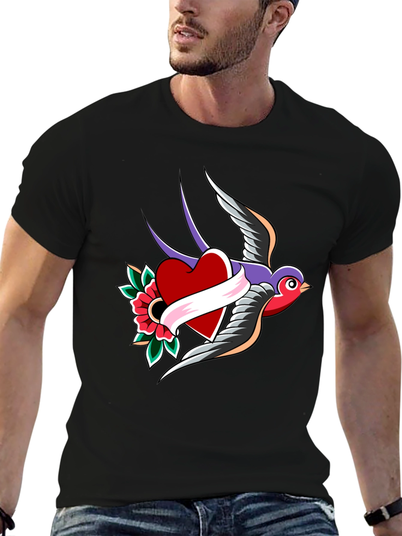 Swallow Heart Tattoo Style Mens Black T-Shirt