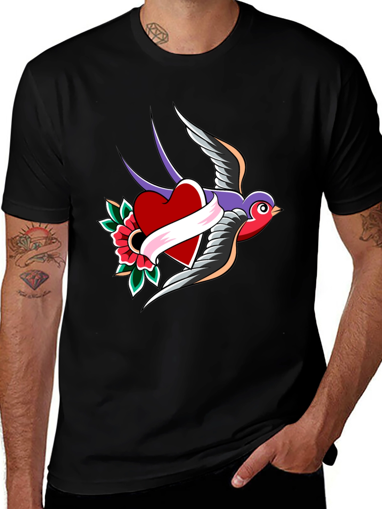 Swallow Heart Tattoo Style Mens Black T-Shirt