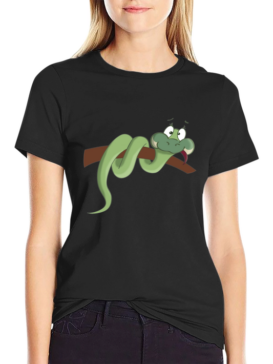Cartoon Snake on Branch Black T-Shirt