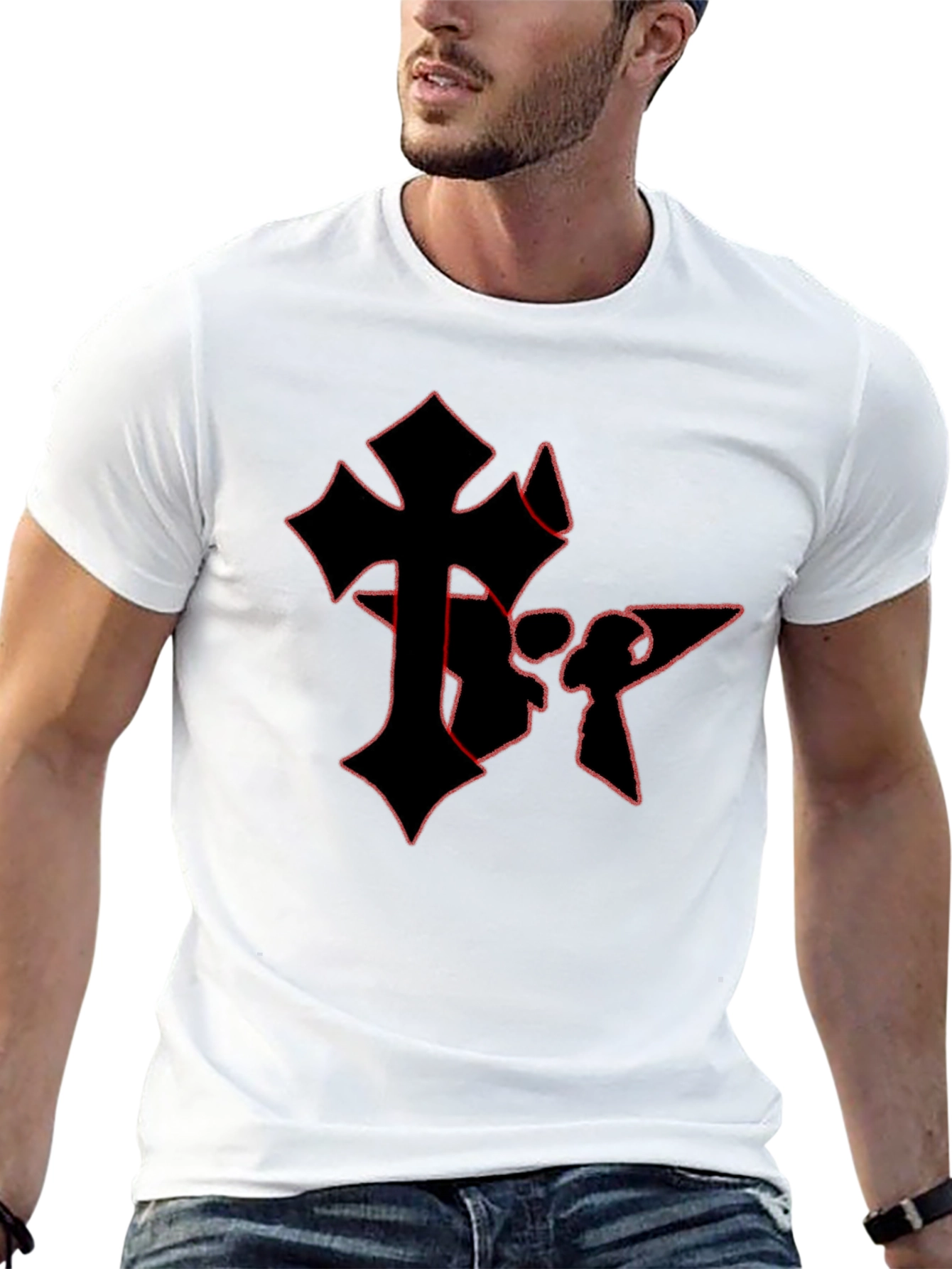 Edgy Gothic Cross Graphic Tee - Black Cotton Blend