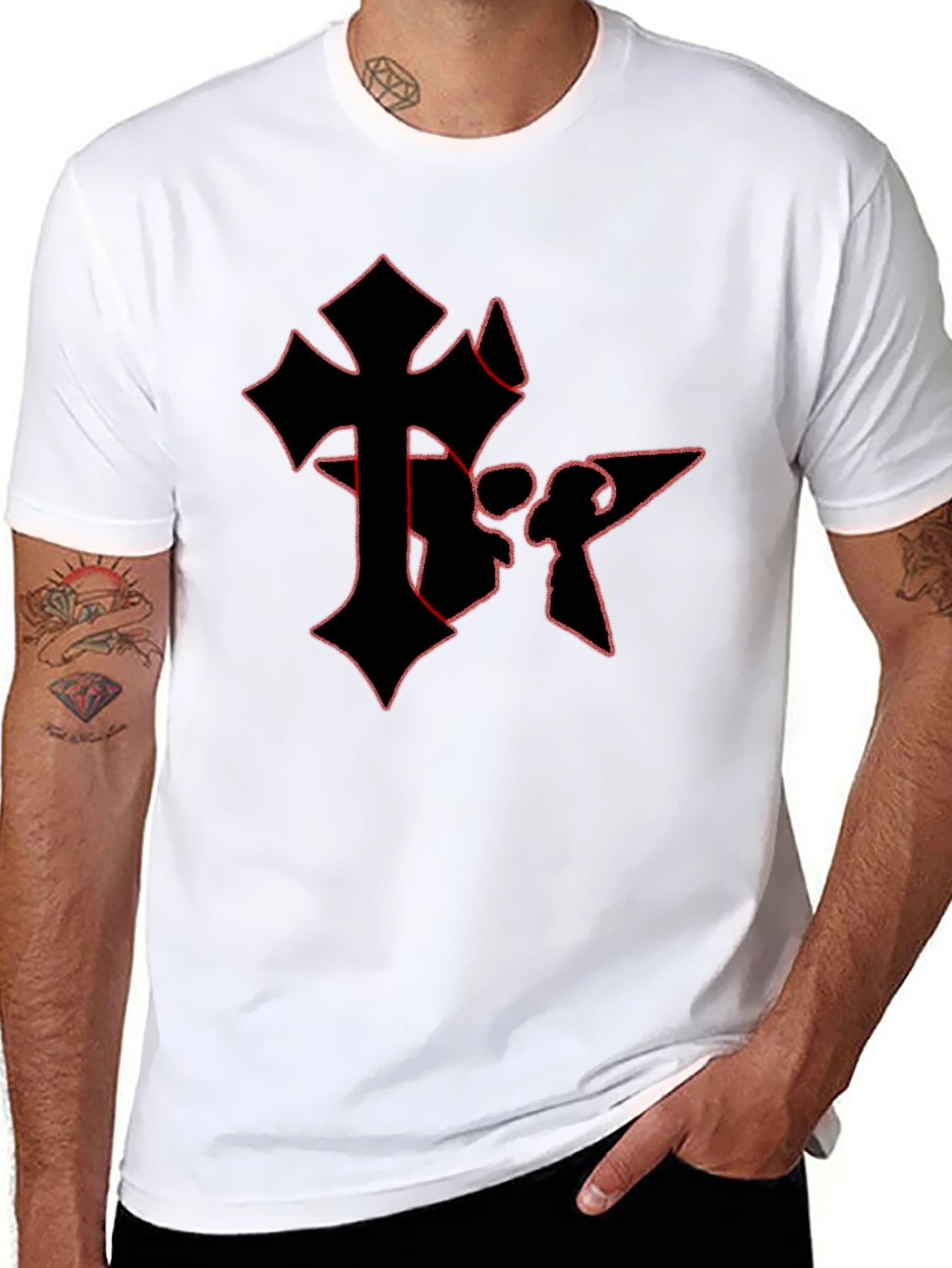 Edgy Gothic Cross Graphic Tee - Black Cotton Blend