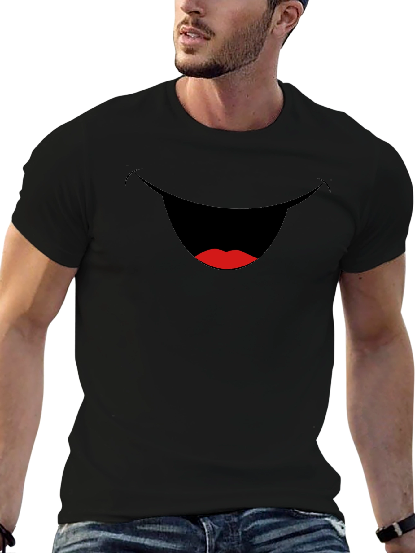 Funny Smiling Mouth Graphic Tee - Black Cotton T-Shirt