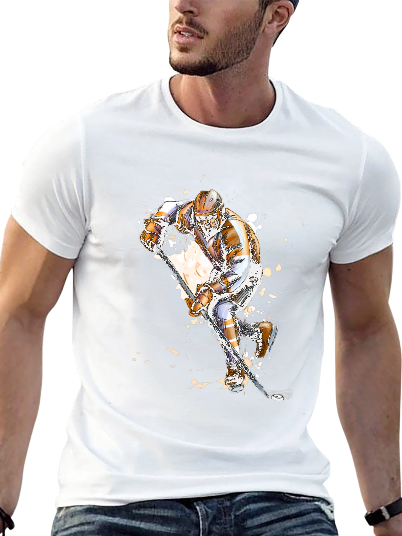 Hockey Player Graphic Tee - Black Cotton T-Shirt