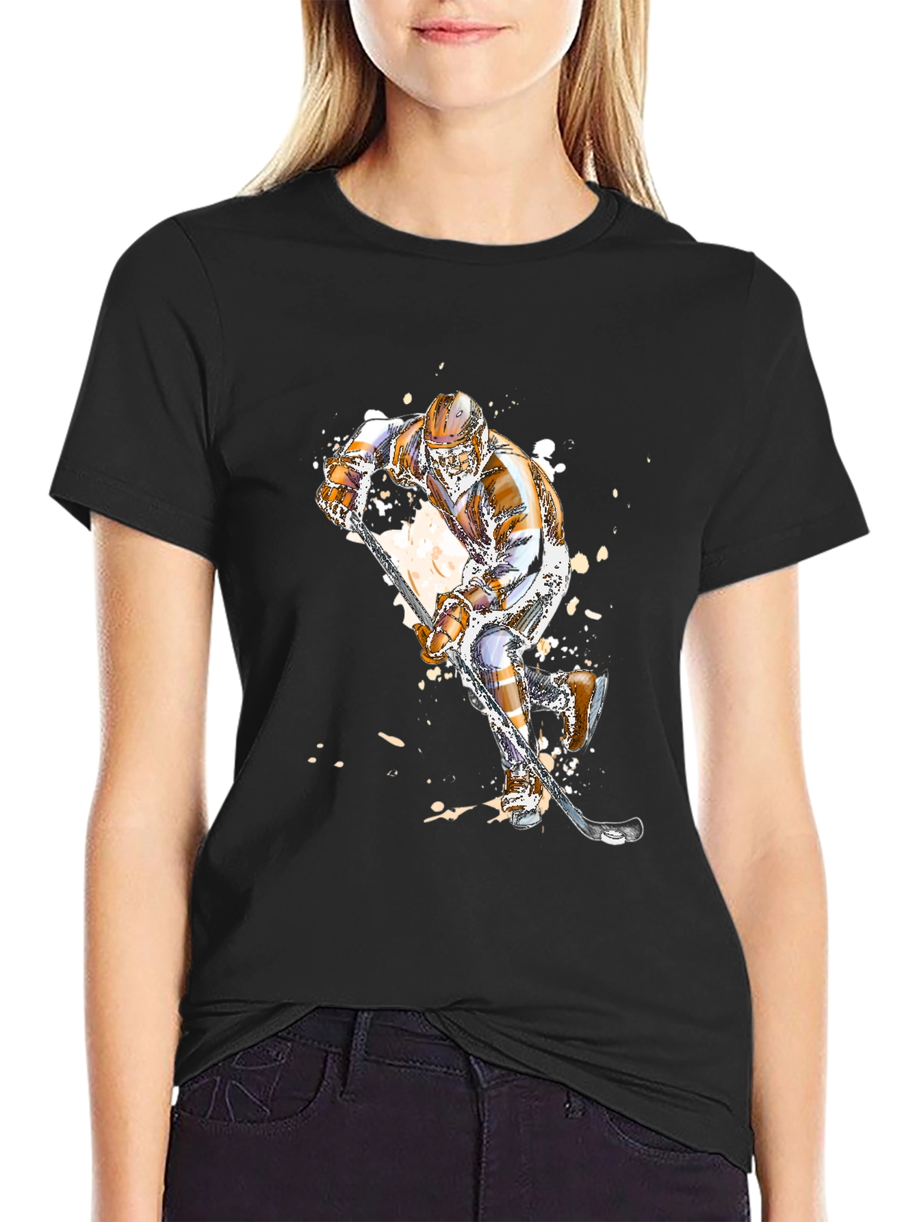 Hockey Player Graphic Tee - Black Cotton T-Shirt